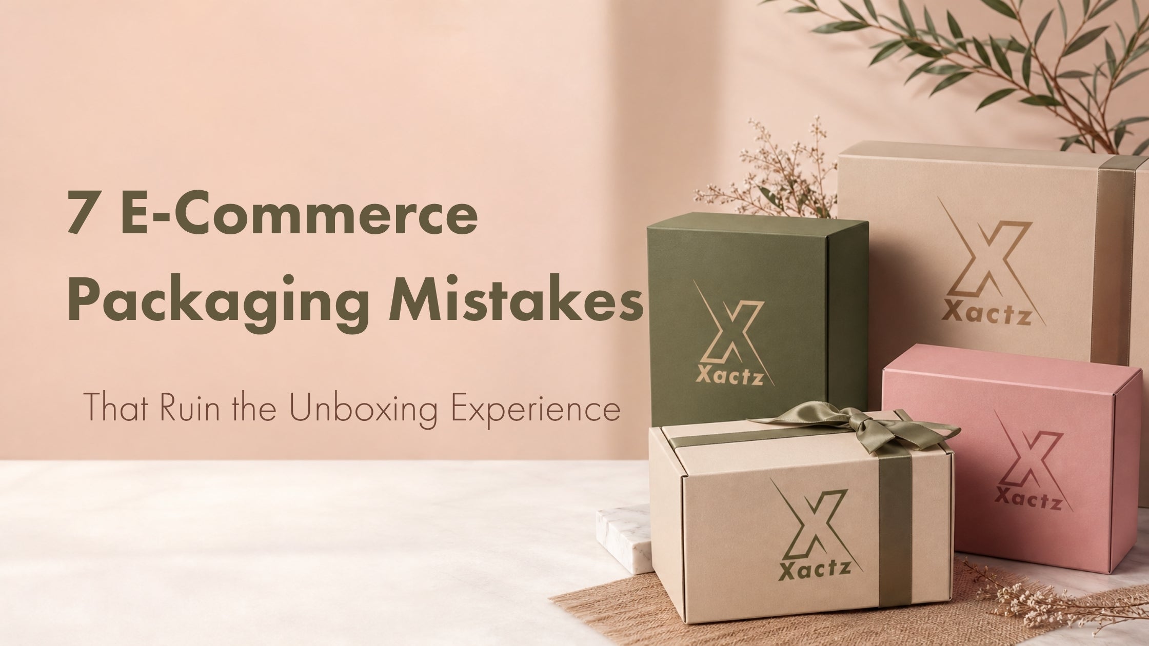 E-commerce packaging mistakes blog cover featuring customized olive green, blush pink, and beige gift boxes with ribbons by Xactz.