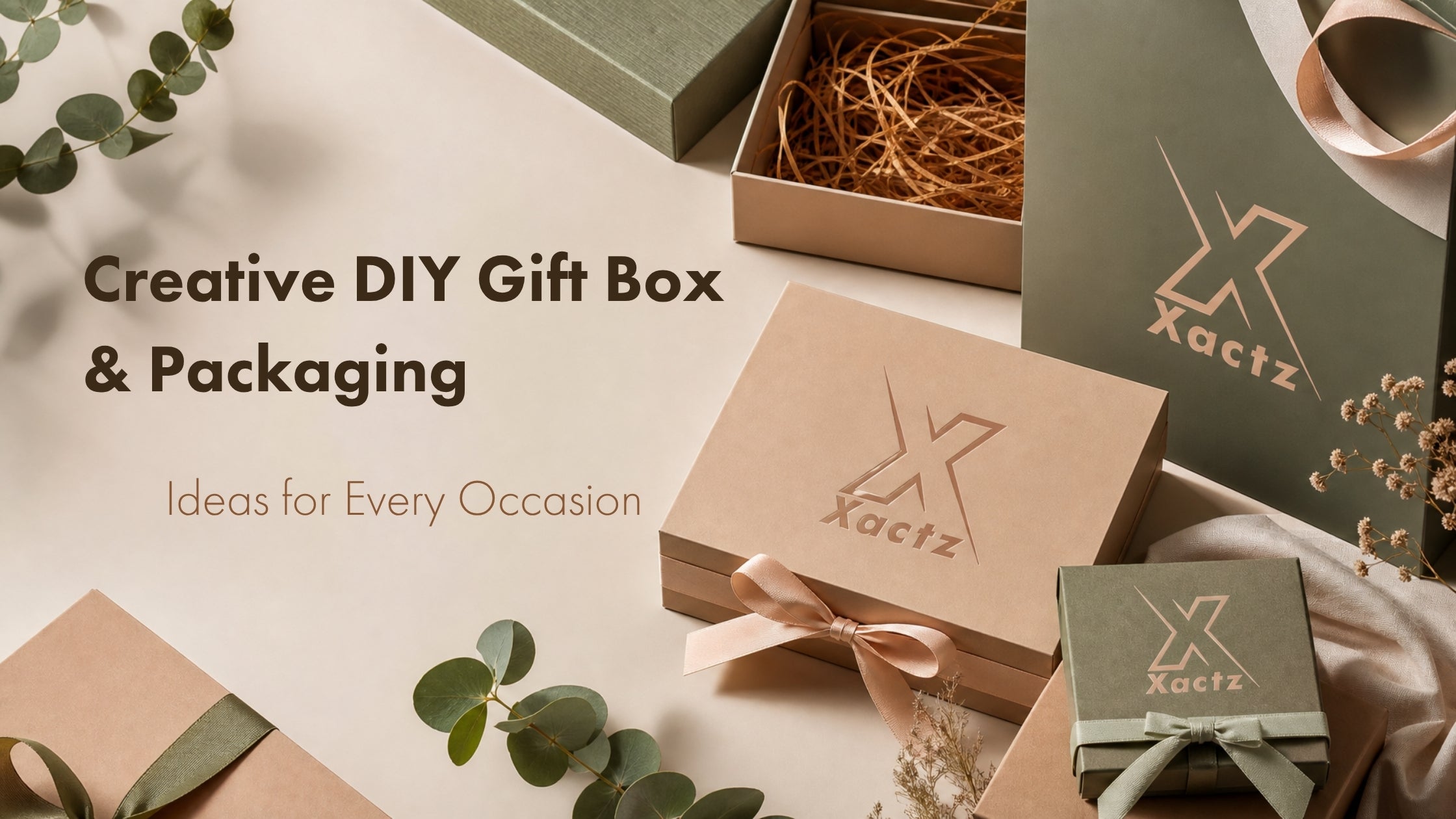 Creative DIY gift box and packaging ideas for every occasion featuring custom kraft and sage green boxes with satin ribbons and shredded filler.