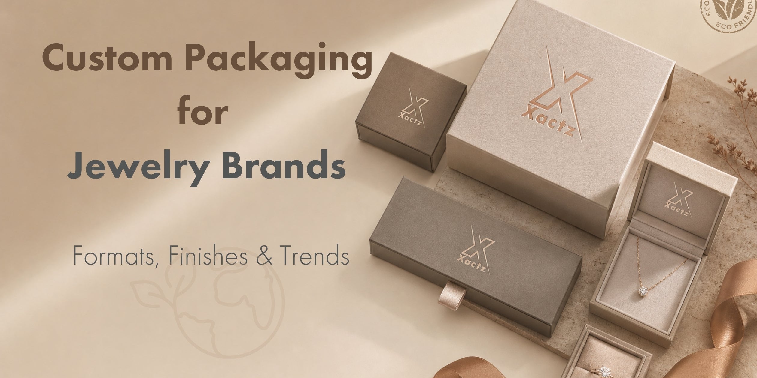 Custom jewelry packaging collection featuring rigid boxes, a slide-out drawer box, and opened display cases with a gold necklace and diamond ring, showcasing metallic foil branding and eco-friendly logos.
