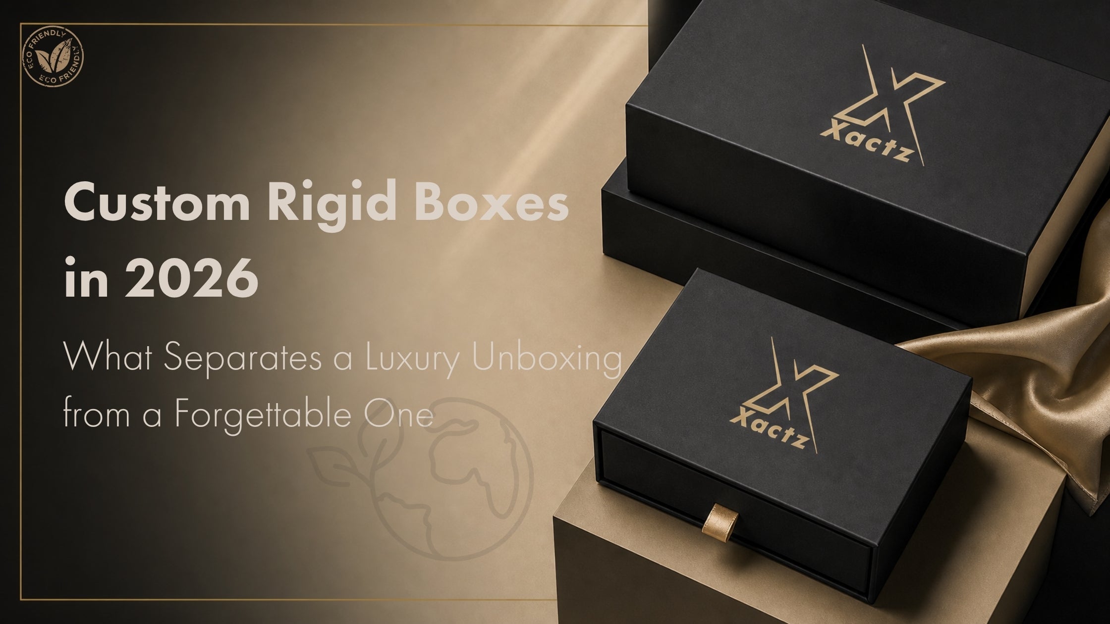 Custom Rigid Boxes in 2026 blog cover featuring luxury black matte gift boxes with gold foil Xactz logos and text.