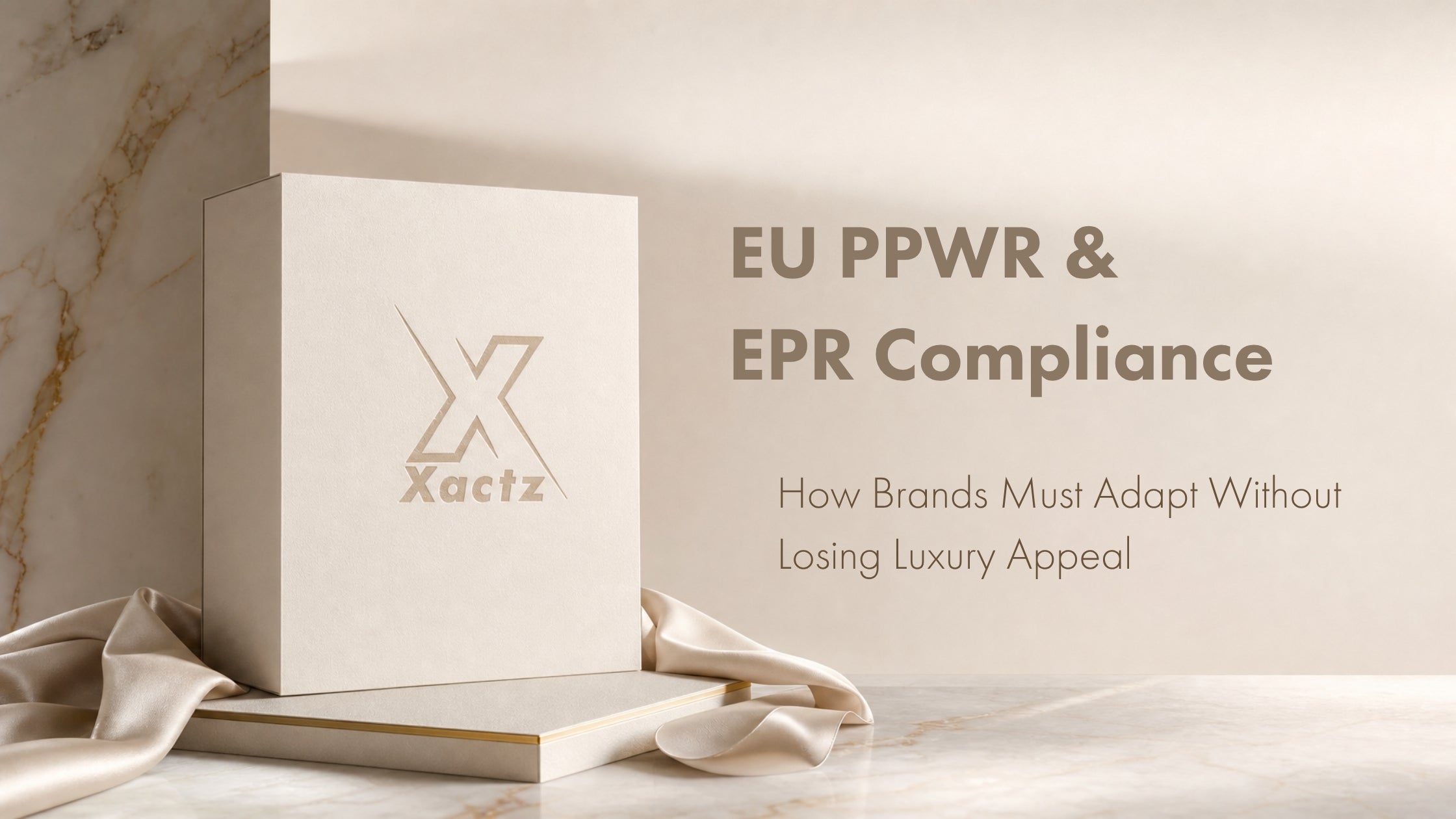 Luxury cream rigid gift box featuring debossed Xactz branding on silk fabric alongside text reading EU PPWR & EPR Compliance: How Brands Must Adapt Without Losing Luxury Appeal.