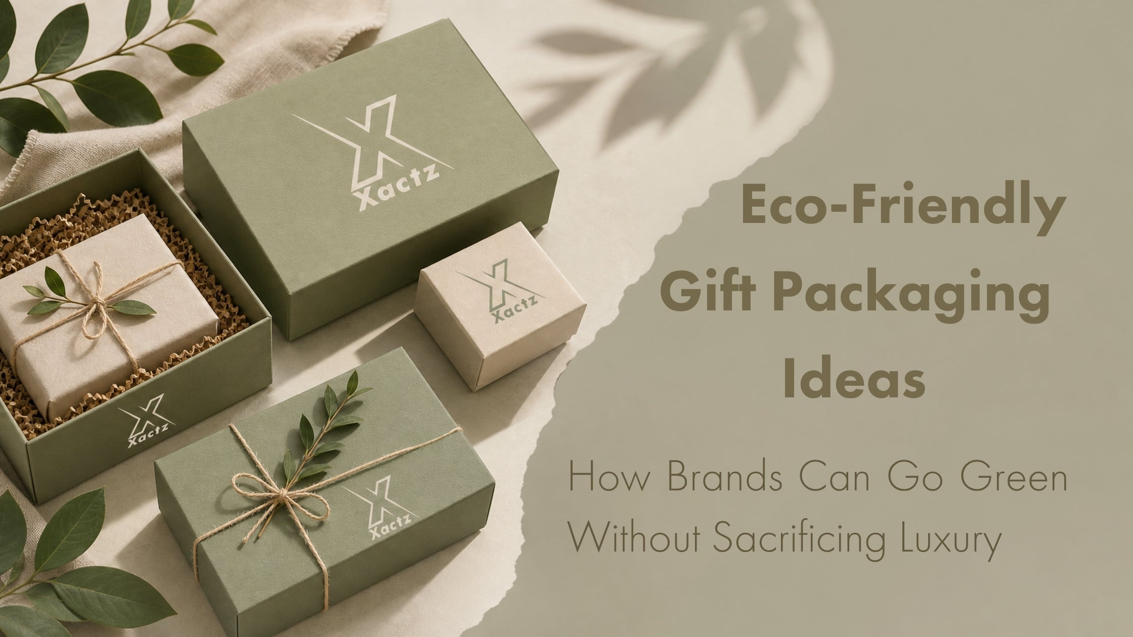 Eco-friendly luxury gift packaging blog cover showing sage green custom boxes with Xactz branding, natural kraft fill, and foliage accents.