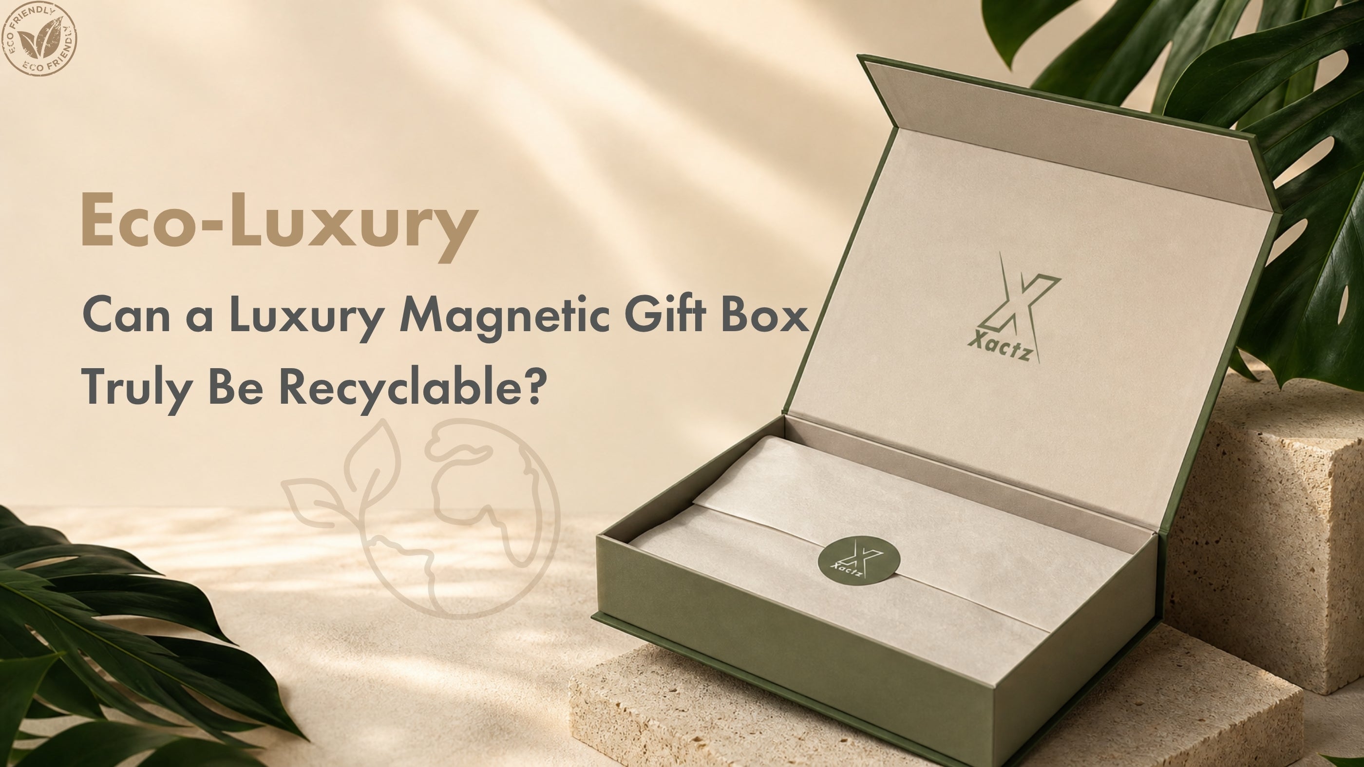 Custom eco-luxury magnetic gift box by Xactz in matte green, shown open with a recyclable paper lining, sticker seal, and debossed logo. Features the blog title text "Eco-Luxury: Can a Luxury Magnetic Gift Box Truly Be Recyclable?".