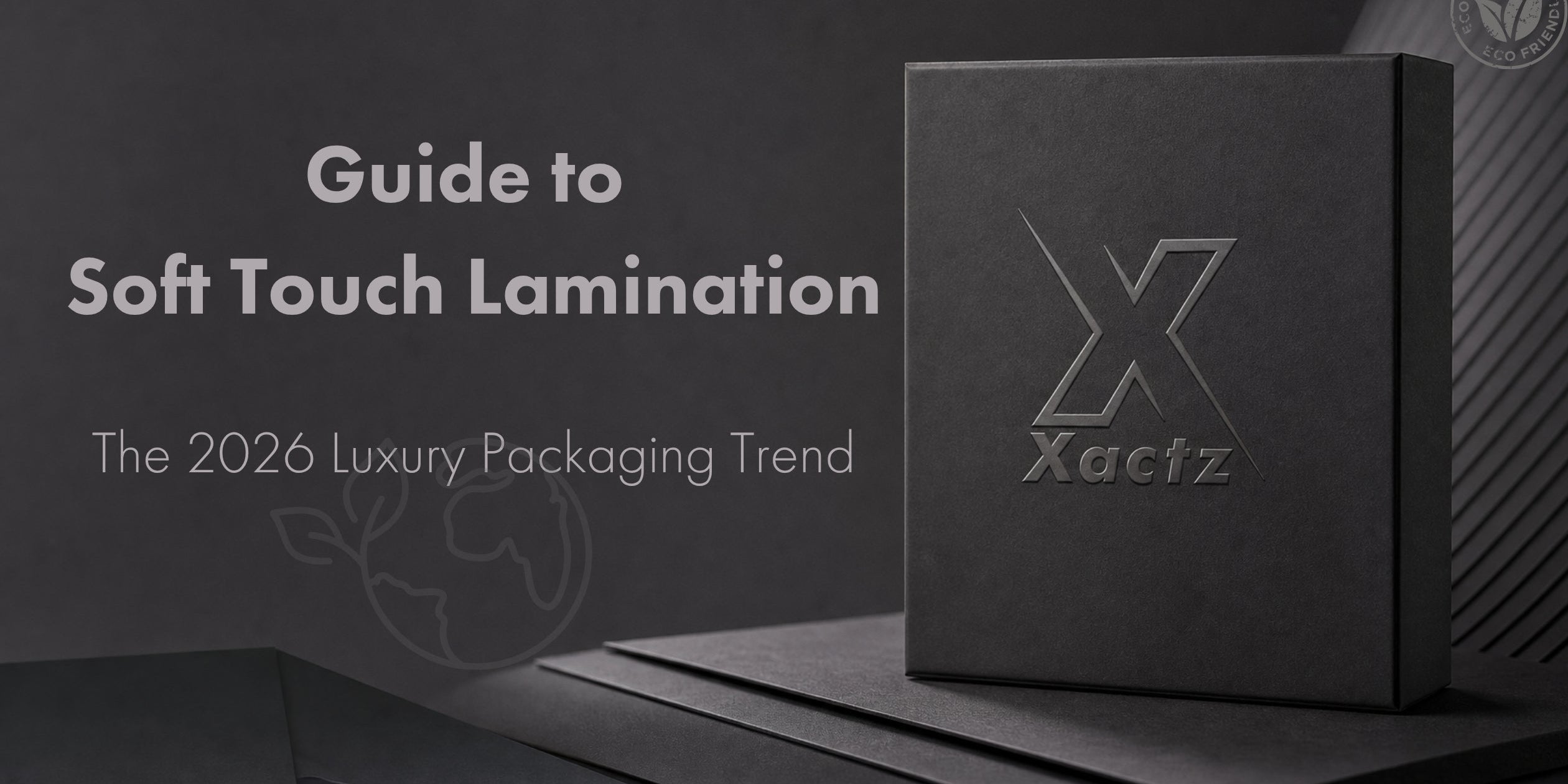 Luxury black rigid gift box featuring a soft touch lamination matte finish and a debossed glossy black logo, highlighting premium tactile packaging trends for 2026.