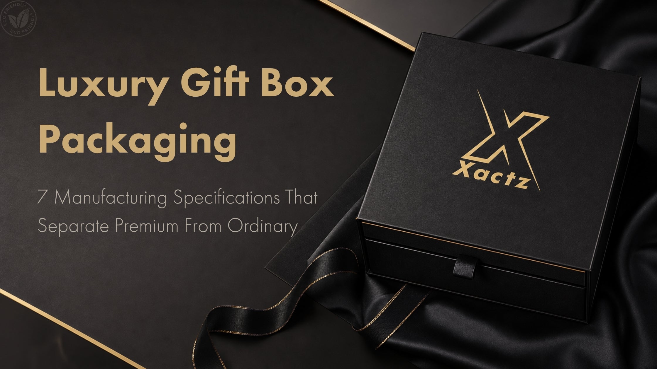 Luxury gift box packaging title card showing a custom matte black rigid box with gold foil stamping and black silk backdrop.