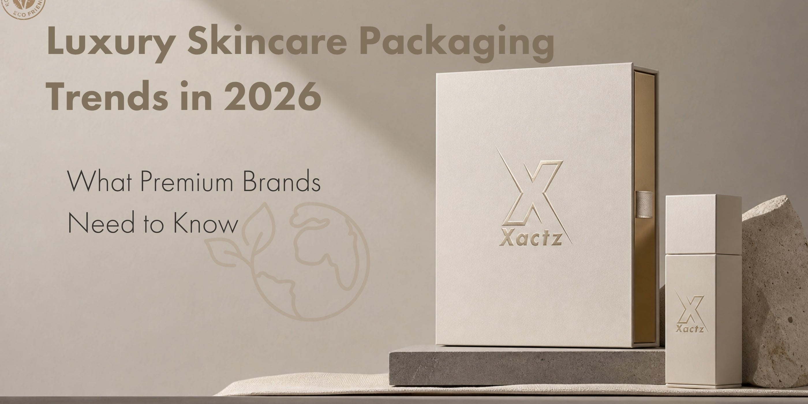 Graphic reading 'Luxury Skincare Packaging Trends in 2026: What Premium Brands Need to Know' displaying sustainable custom cream rigid boxes with gold metallic elements by Xactz Packaging.