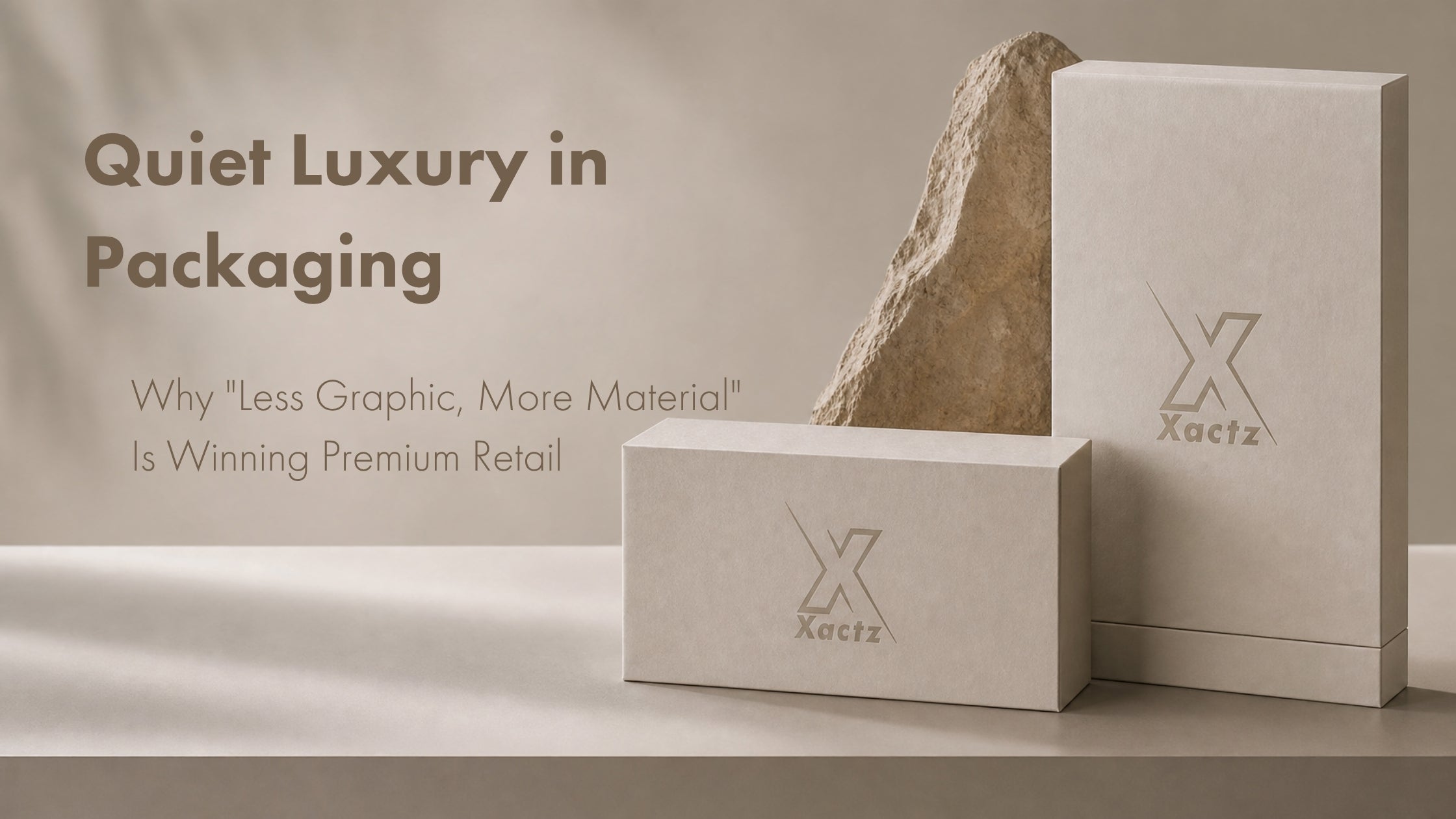 Minimalist beige custom rigid boxes featuring debossed Xactz branding against a natural stone backdrop, alongside headline reading Quiet Luxury in Packaging: Why Less Graphic, More Material Is Winning Premium Retail.