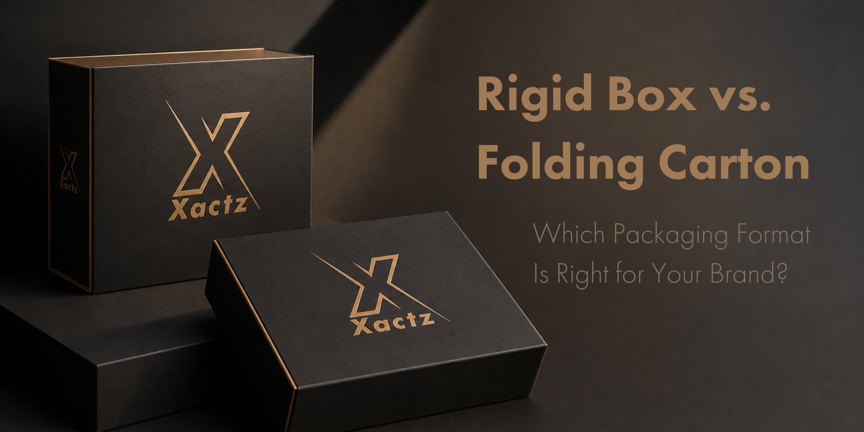 Compare rigid box vs folding carton custom packaging styles. Two premium matte black boxes with gold Xactz logos. Find the right format for your brand.