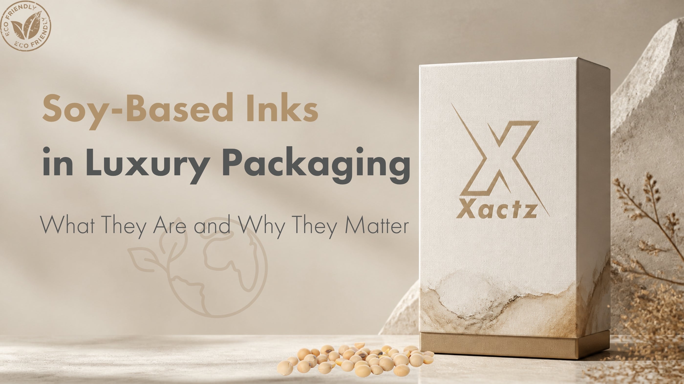 Custom luxury textured paper box with gold foil Xactz logo next to raw soybeans and eco-friendly soy-based inks blog banner.