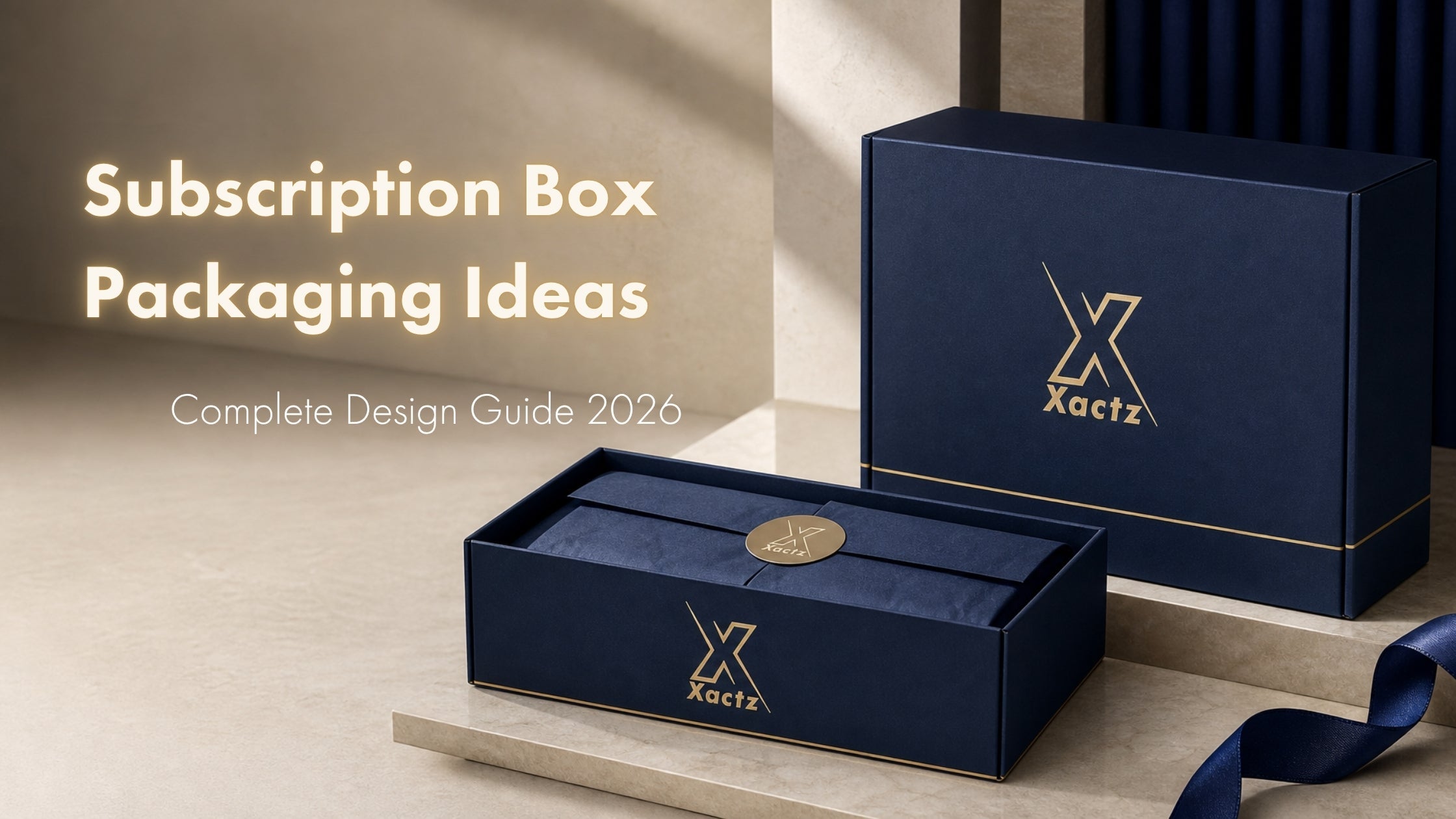 Custom navy blue subscription box packaging with gold foil logo branding by Xactz