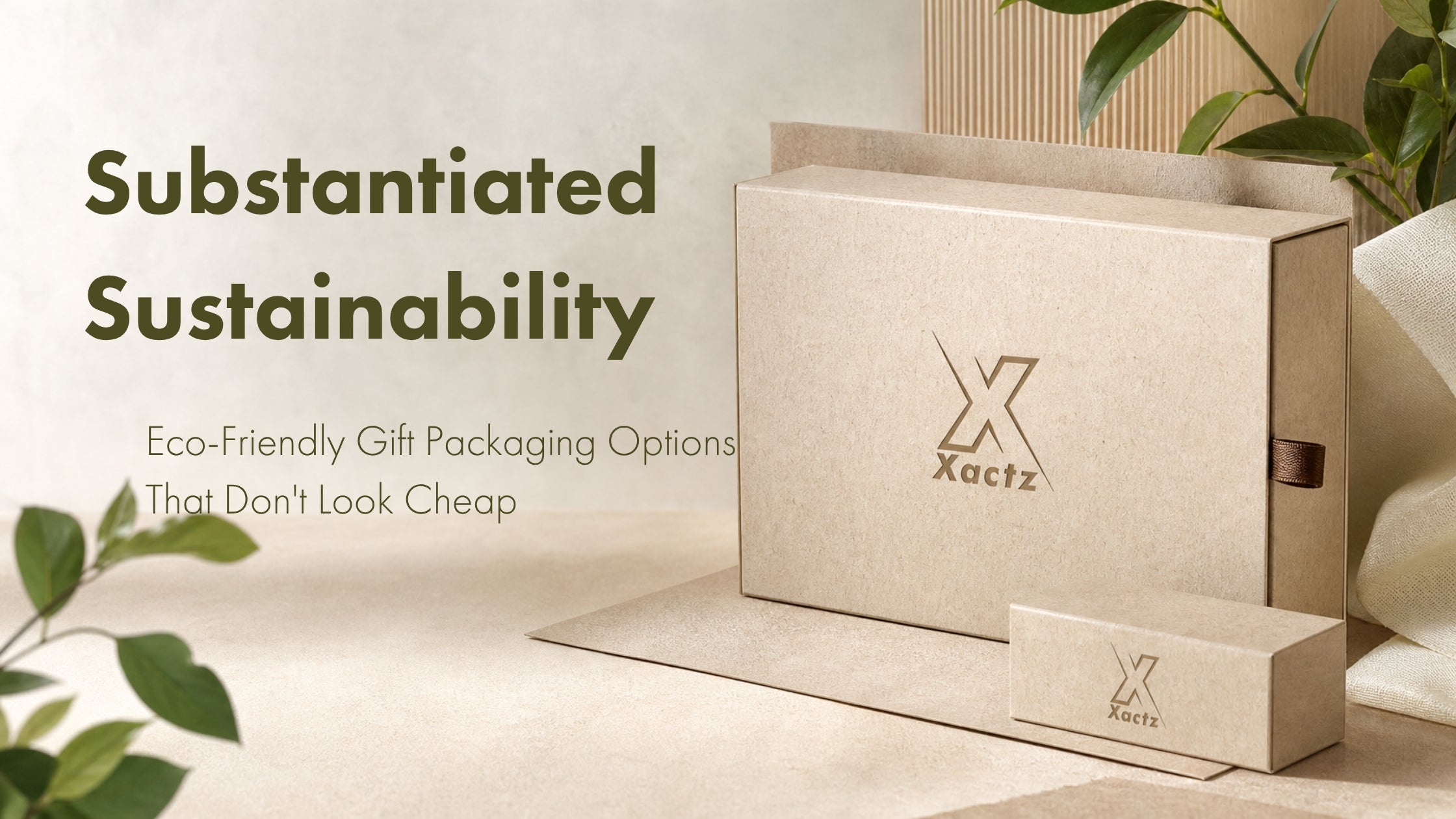 Substantiated Sustainability blog cover featuring premium eco-friendly kraft paper gift boxes by Xactz.