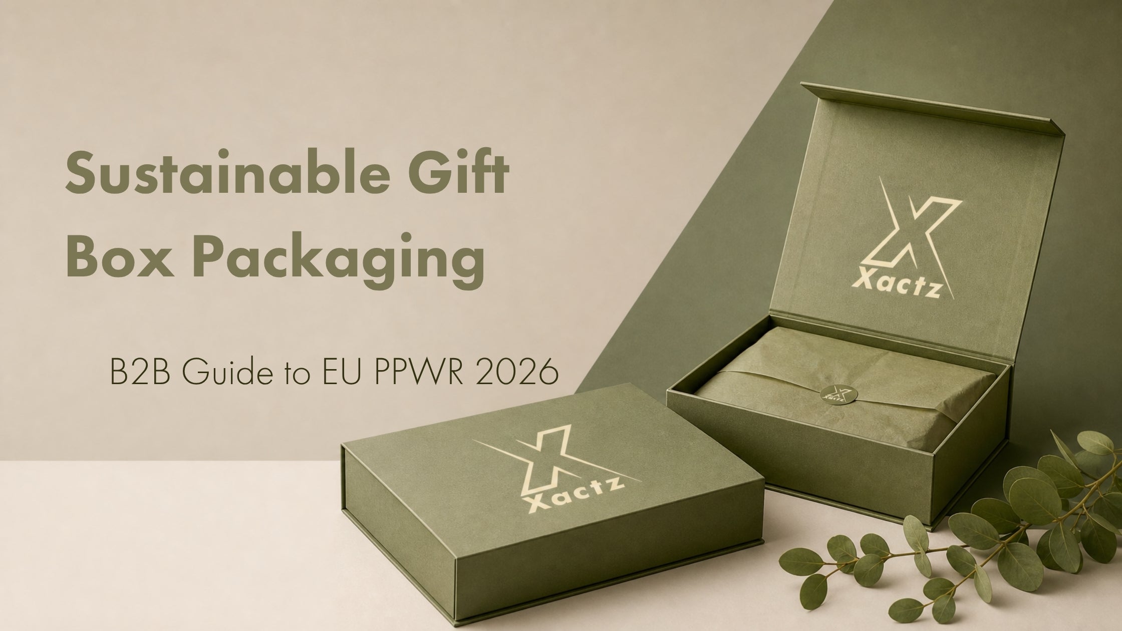 Sustainable sage green magnetic gift boxes with gold Xactz logo and eco tissue paper wrapping for EU PPWR 2026 guide