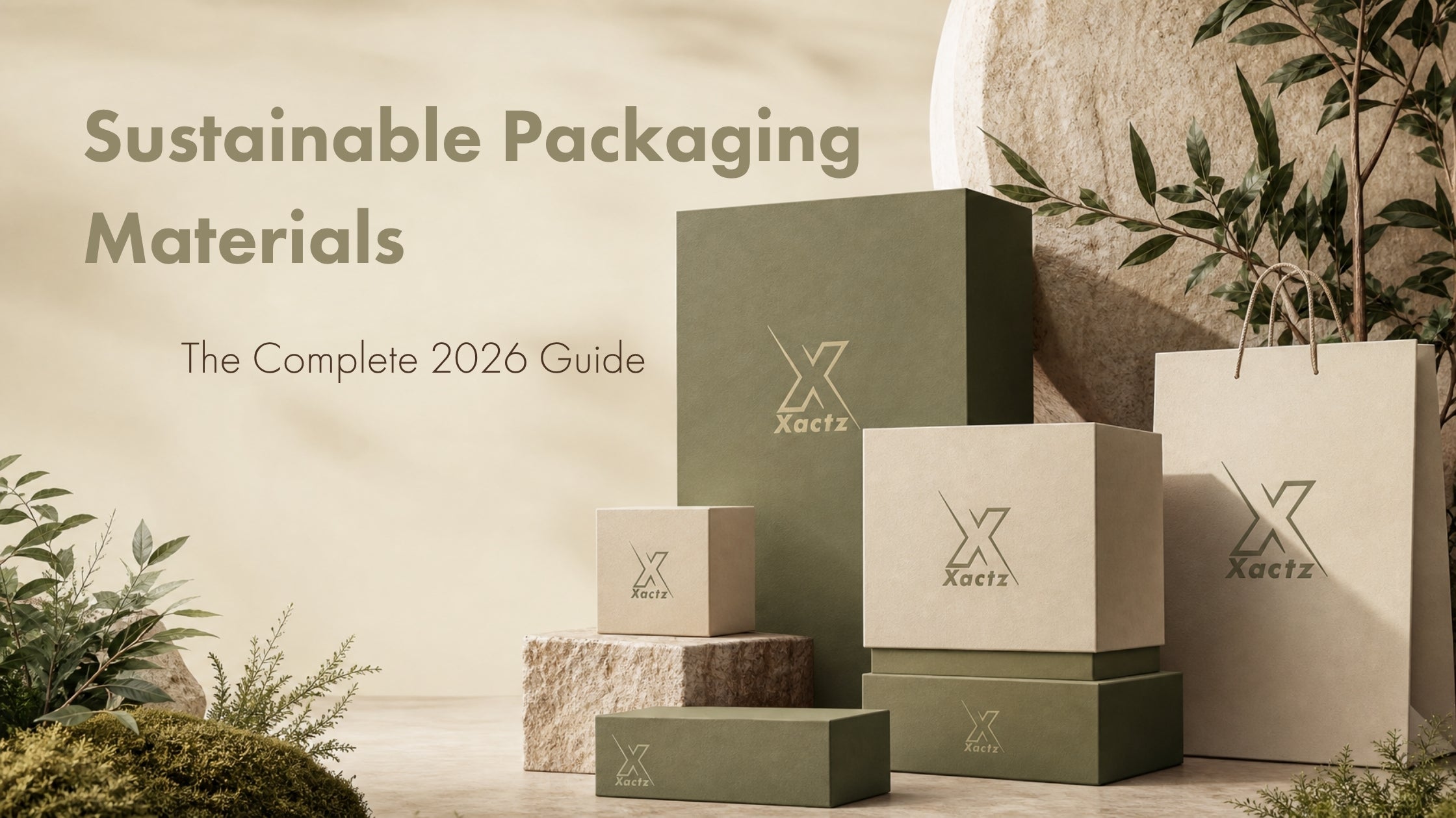 Sustainable olive green and beige custom packaging boxes and paper gift bag with debossed Xactz branding on stone plinths beside text reading Sustainable Packaging Materials: The Complete 2026 Guide.