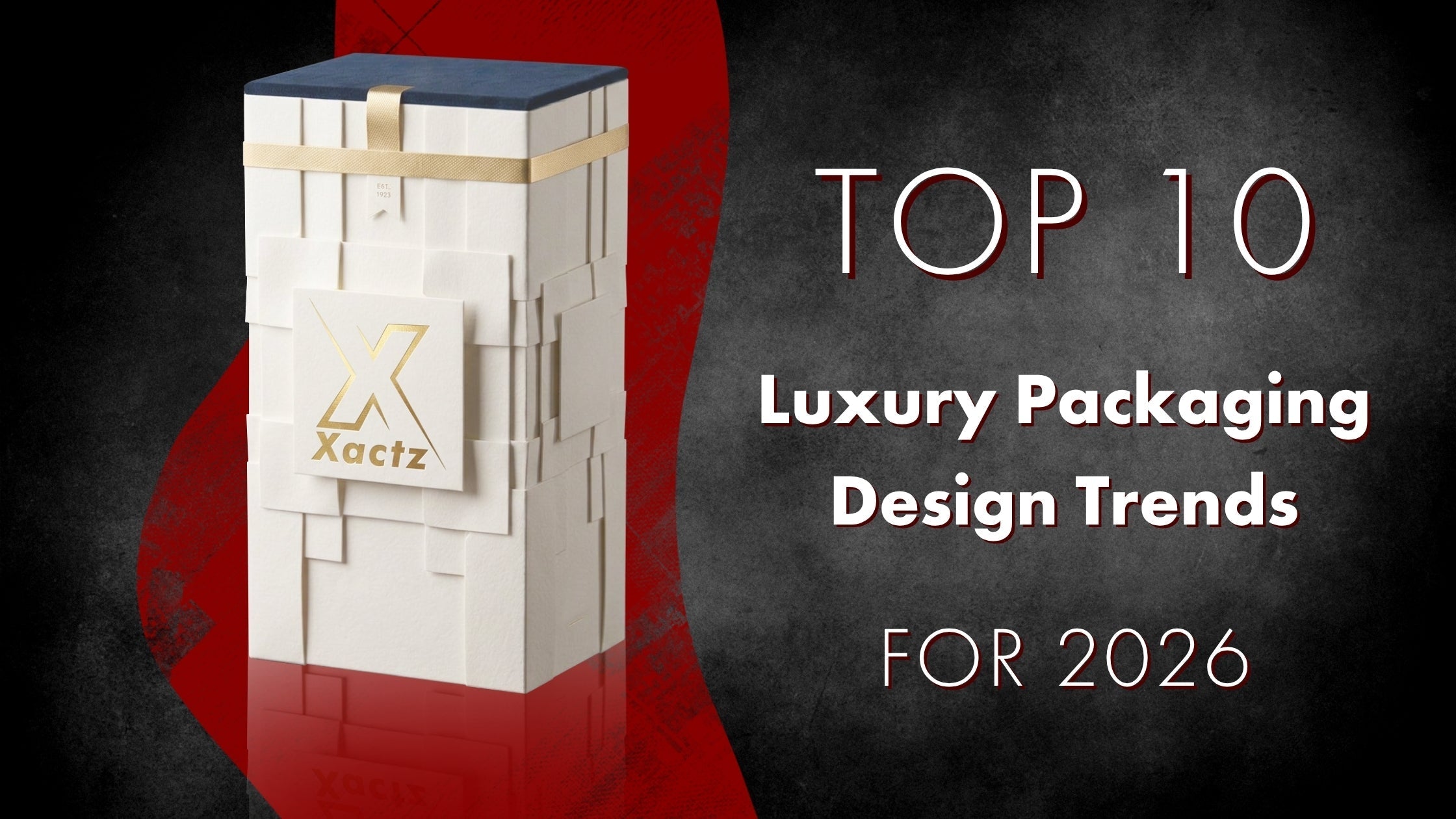 Xactz Blog 11 banner — Top 10 Luxury Packaging Design Trends for 2026 with ivory geometric rigid box on dark background.
