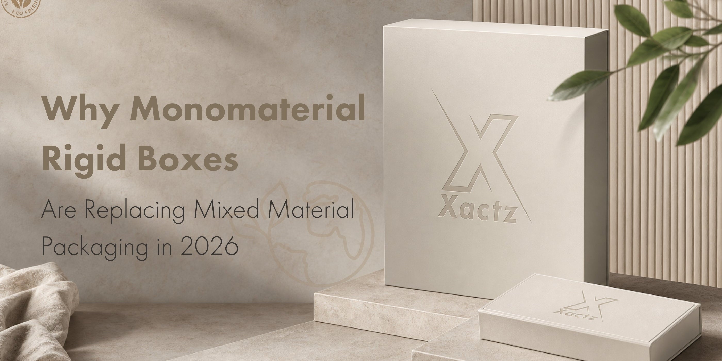 Xactz monomaterial rigid boxes in white FSC certified paperboard displayed against a natural stone background with green leaves for a 2026 sustainable packaging blog