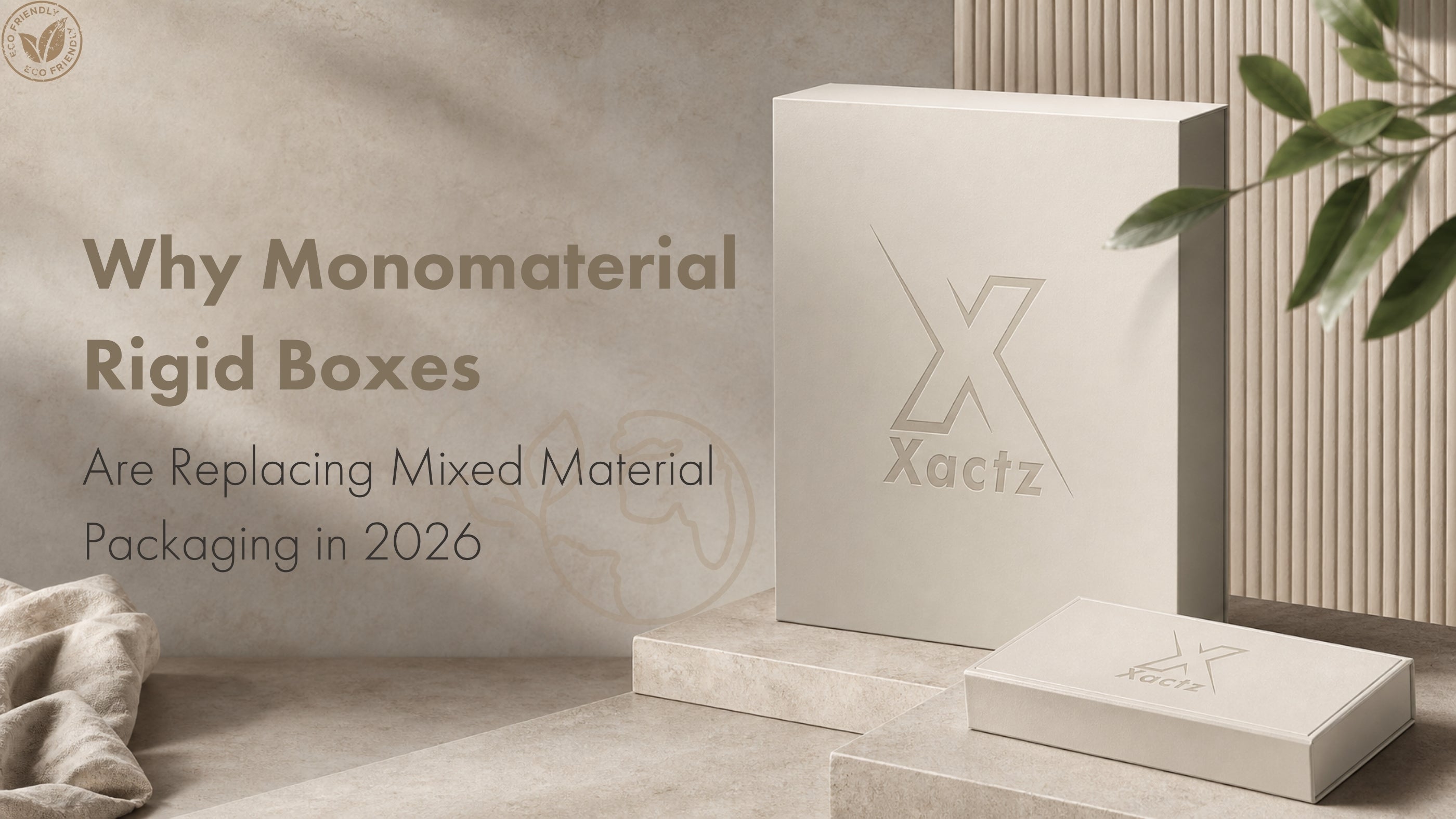 Xactz monomaterial rigid boxes in white FSC certified paperboard displayed against a natural stone background with green leaves for a 2026 sustainable packaging blog