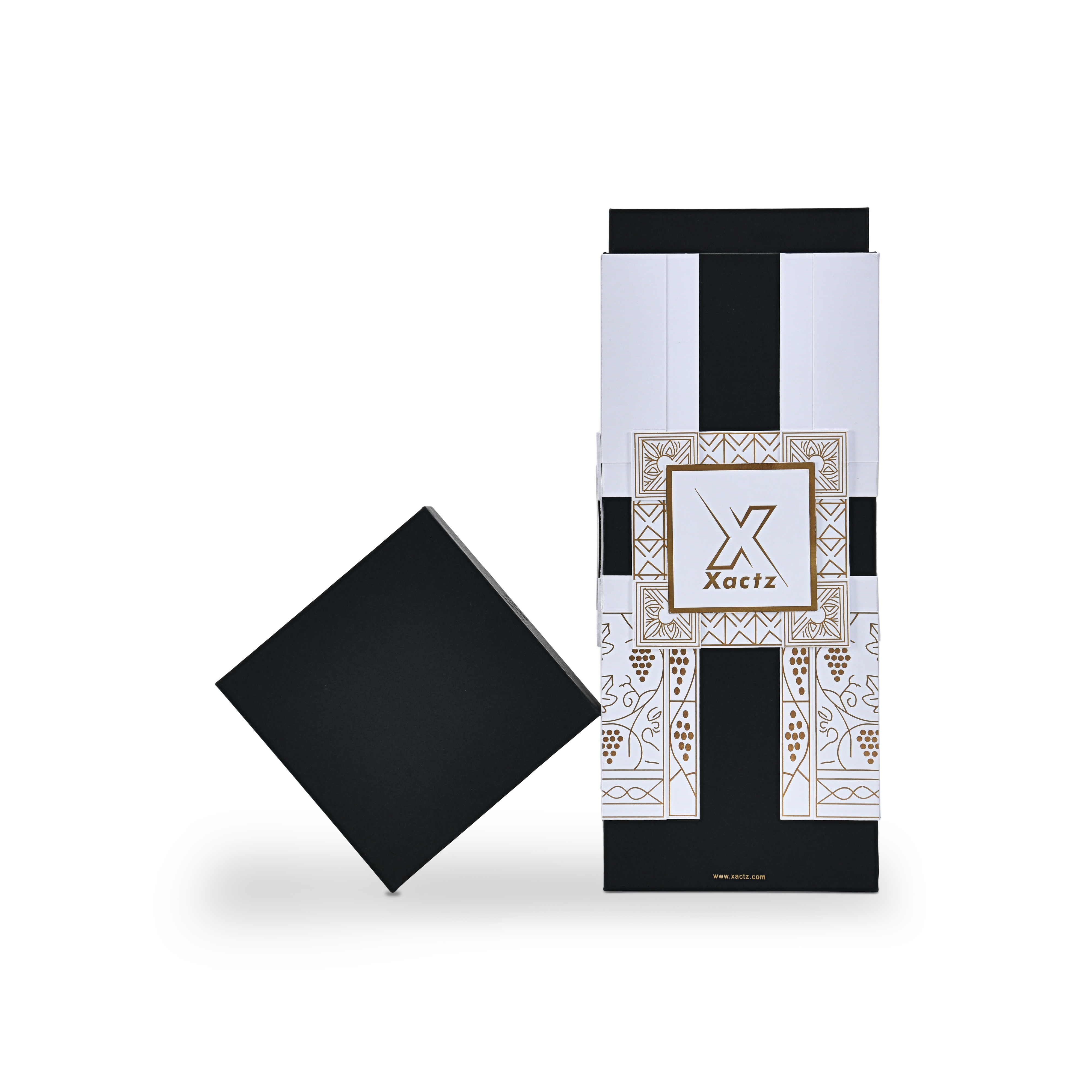 Custom black rigid wine gift box with the matte black square lid removed and tilted at a diagonal angle beside the white and gold foil base showing the collared lid and base construction and the full gold foil grape vine illustration on the body