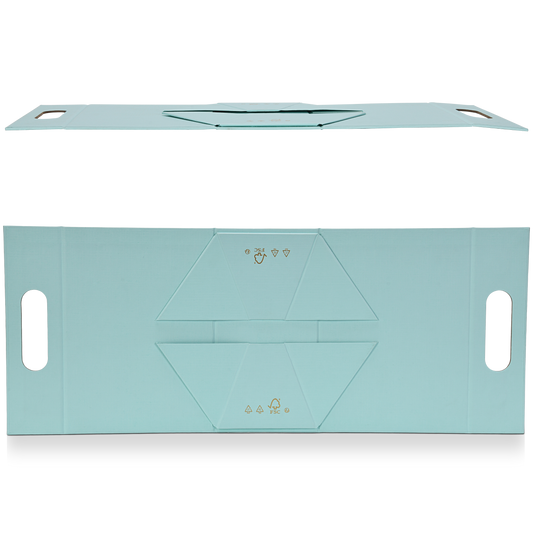 Flat lay view showing both the exterior and interior panels of the custom foldable gift box bag with handle in sky blue linen specialty paper displaying the full die cut construction layout with the triangular base gusset fold lines the carry handle cutouts and the FSC certification marks in gold foil