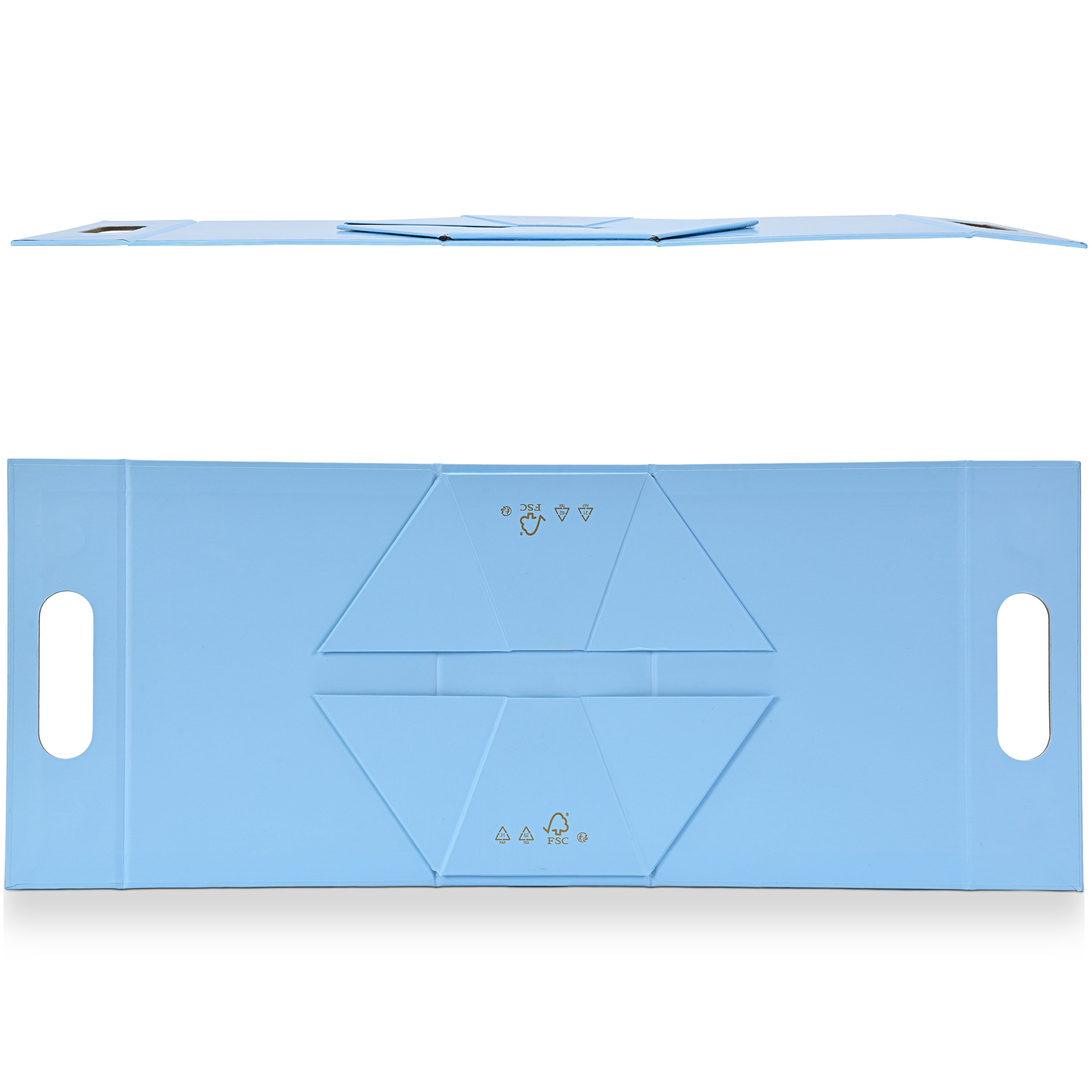 Completely unfolded flat lay of a custom foldable gift box bag in sky blue art paper showing the full die cut panel layout with precision fold score lines and integrated carry handle cutouts on both ends