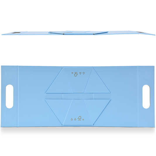 Completely unfolded flat lay of a custom foldable gift box bag in sky blue art paper showing the full die cut panel layout with precision fold score lines and integrated carry handle cutouts on both ends