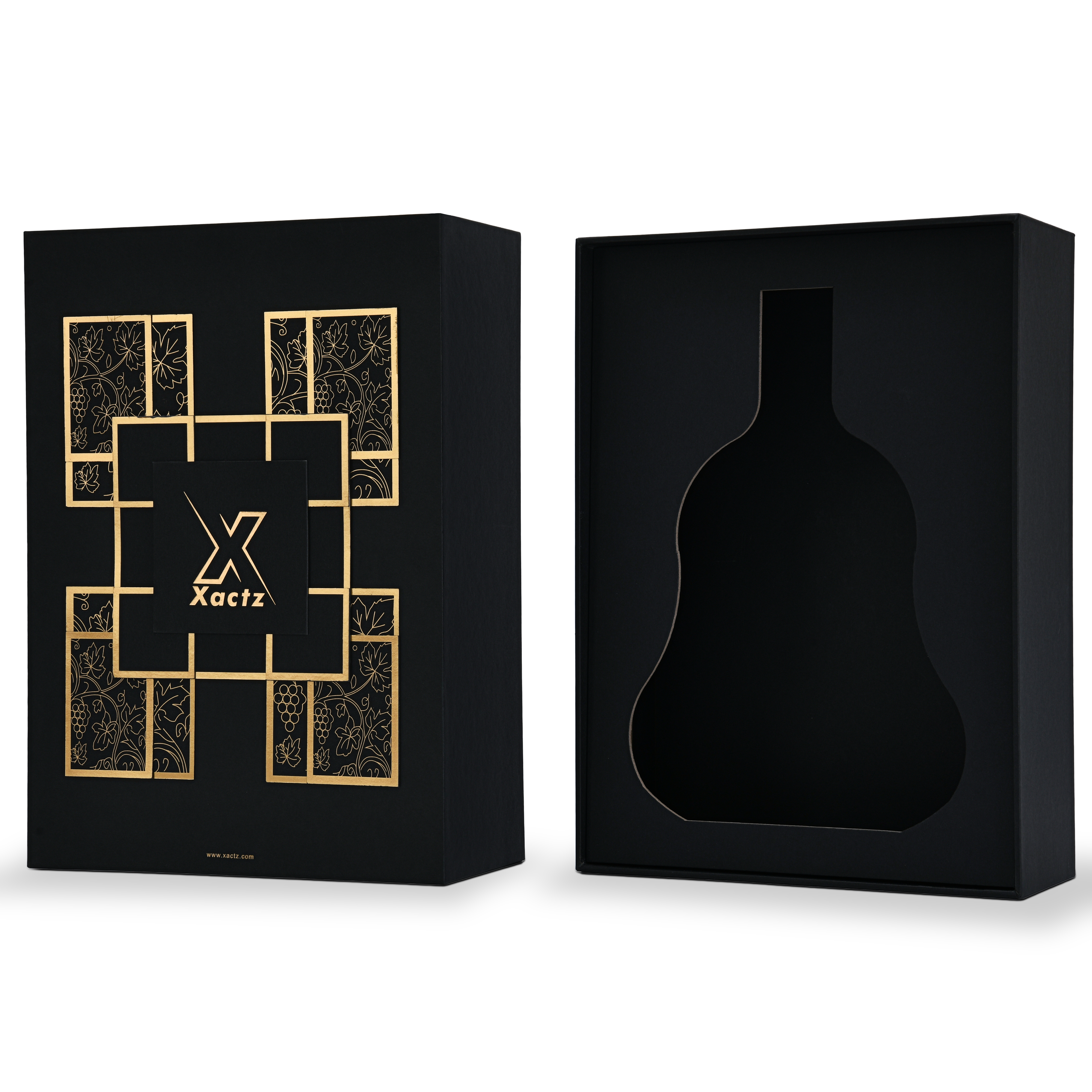 Luxury rigid wine gift box open three quarter view showing matte gold foil stamped lid and custom wine bottle silhouette die-cut insert in deep black interior