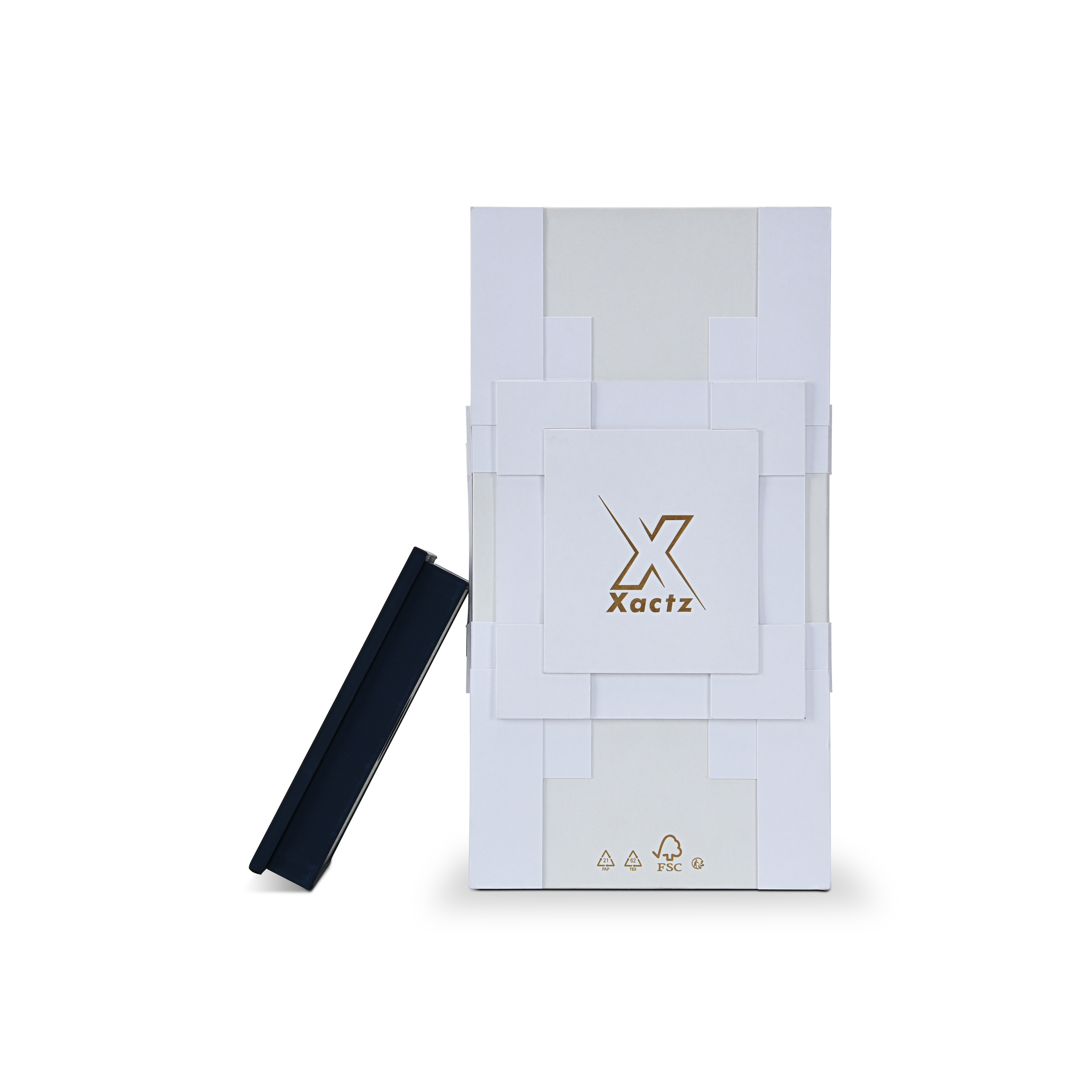 Top-down presentation view of the custom wine gift box set with the deep navy blue collar lid panel propped up dynamically on the left.