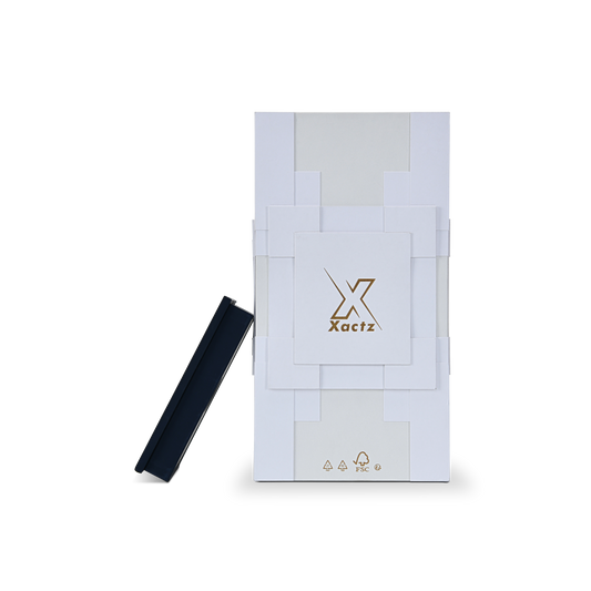 Top-down presentation view of the custom wine gift box set with the deep navy blue collar lid panel propped up dynamically on the left.