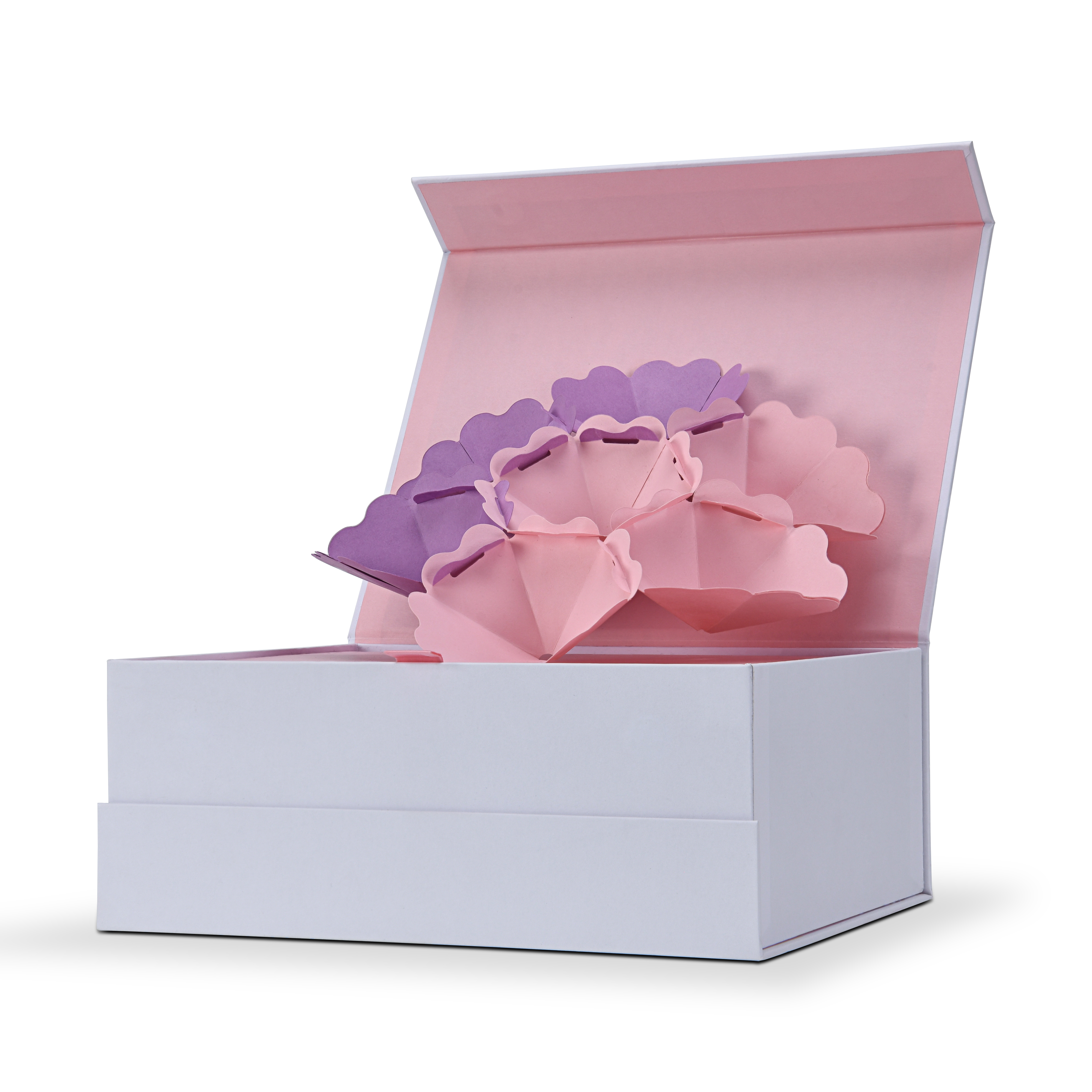 High-angle perspective view of the opened custom pop-up flower magnetic gift box, showcasing an interactive premium influencer unboxing experience.