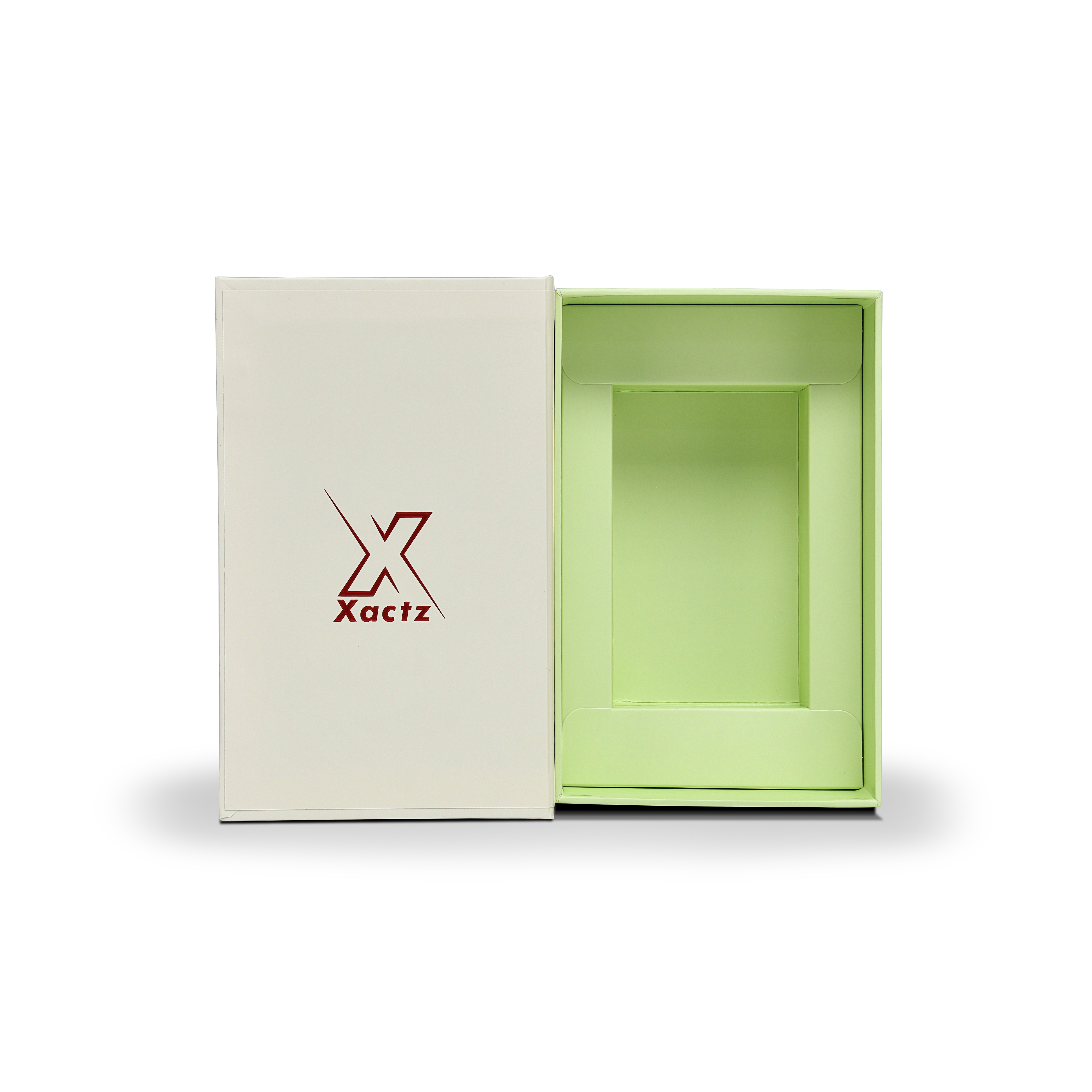 Luxuriöse maßgeschneiderte cremegrüne Buchbox mit geprägter rechteckiger Tray-Verpackung