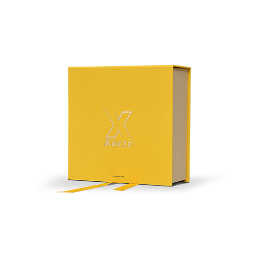 Boîte livre pliable de luxe sur mesure jaune doublure satin ruban or emballage