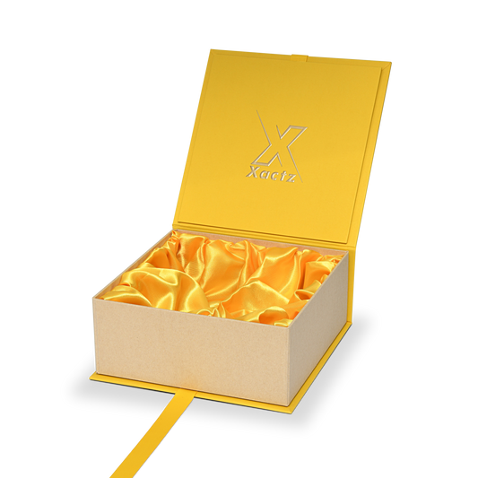 Boîte livre pliable de luxe sur mesure jaune doublure satin ruban or emballage