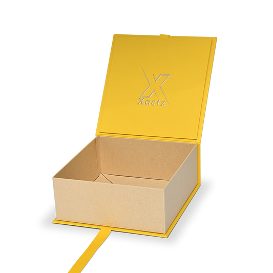 Boîte livre de luxe personnalisée pliable jaune avec détails en ruban et emballage estampé à chaud or