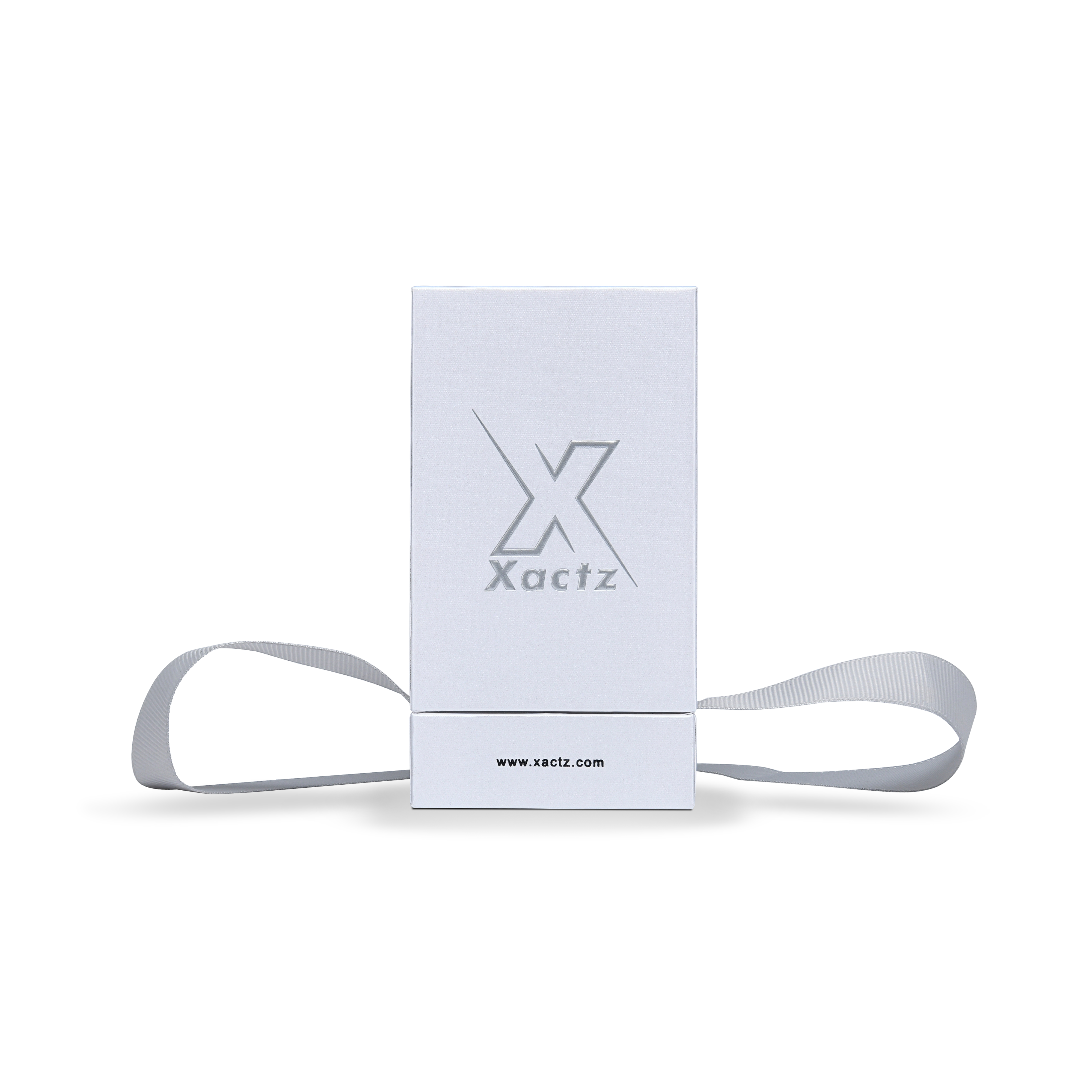 Boîtes personnalisées de luxe, extra hautes, blanches, mates, avec gaufrage argenté et fermeture à ruban