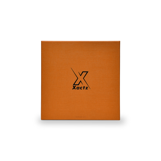 Boîte tiroir orange de luxe personnalisée, garnissage raphia, marquage à chaud or