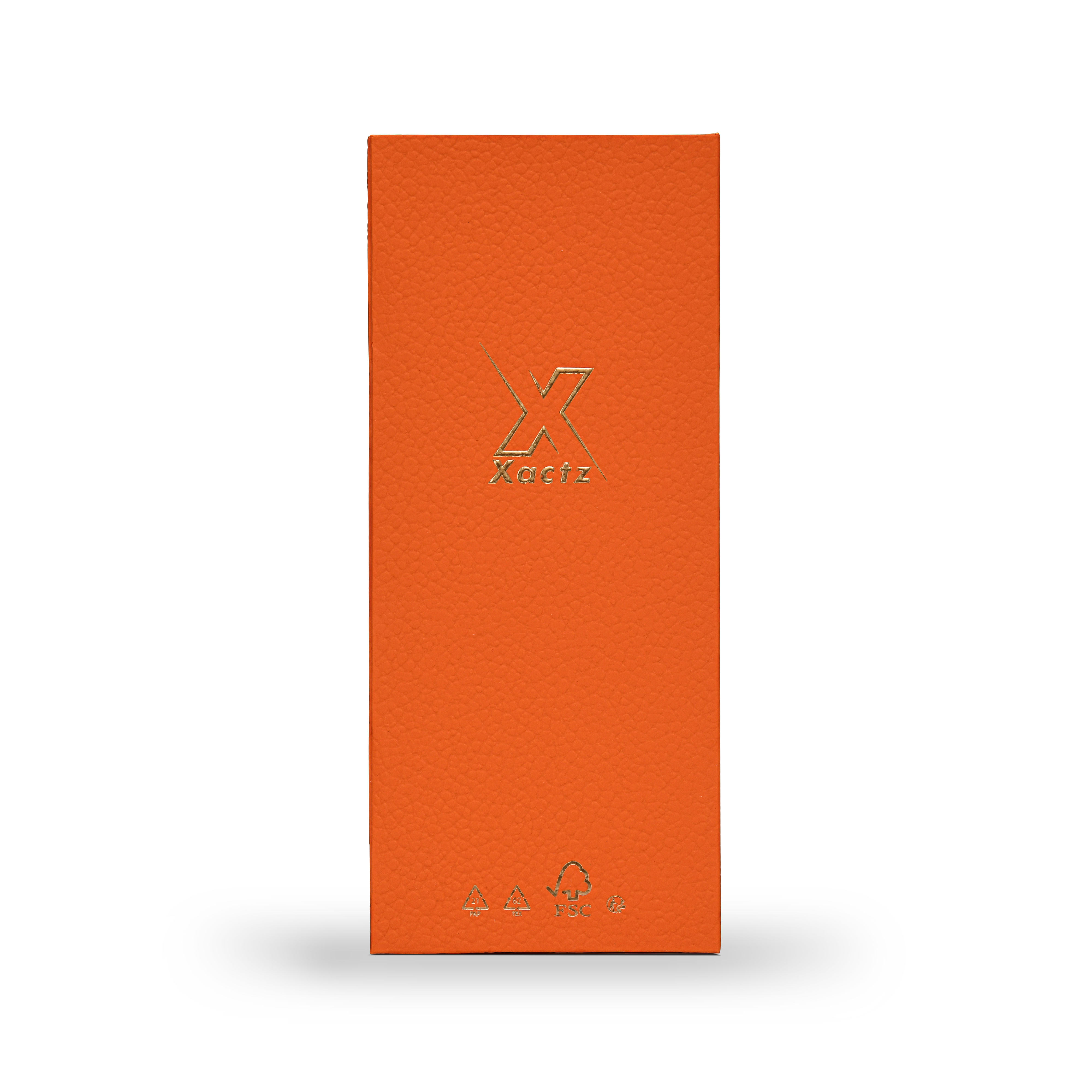 Boîte de luxe personnalisée avec couvercle rabattable orange, feuille d'or mat et ruban de soie