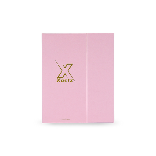 Boîte livre pliante de luxe sur mesure, en toile rose gaufrée avec estampage à chaud doré