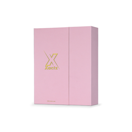 Boîte livre pliante de luxe sur mesure, en toile rose gaufrée avec estampage à chaud doré