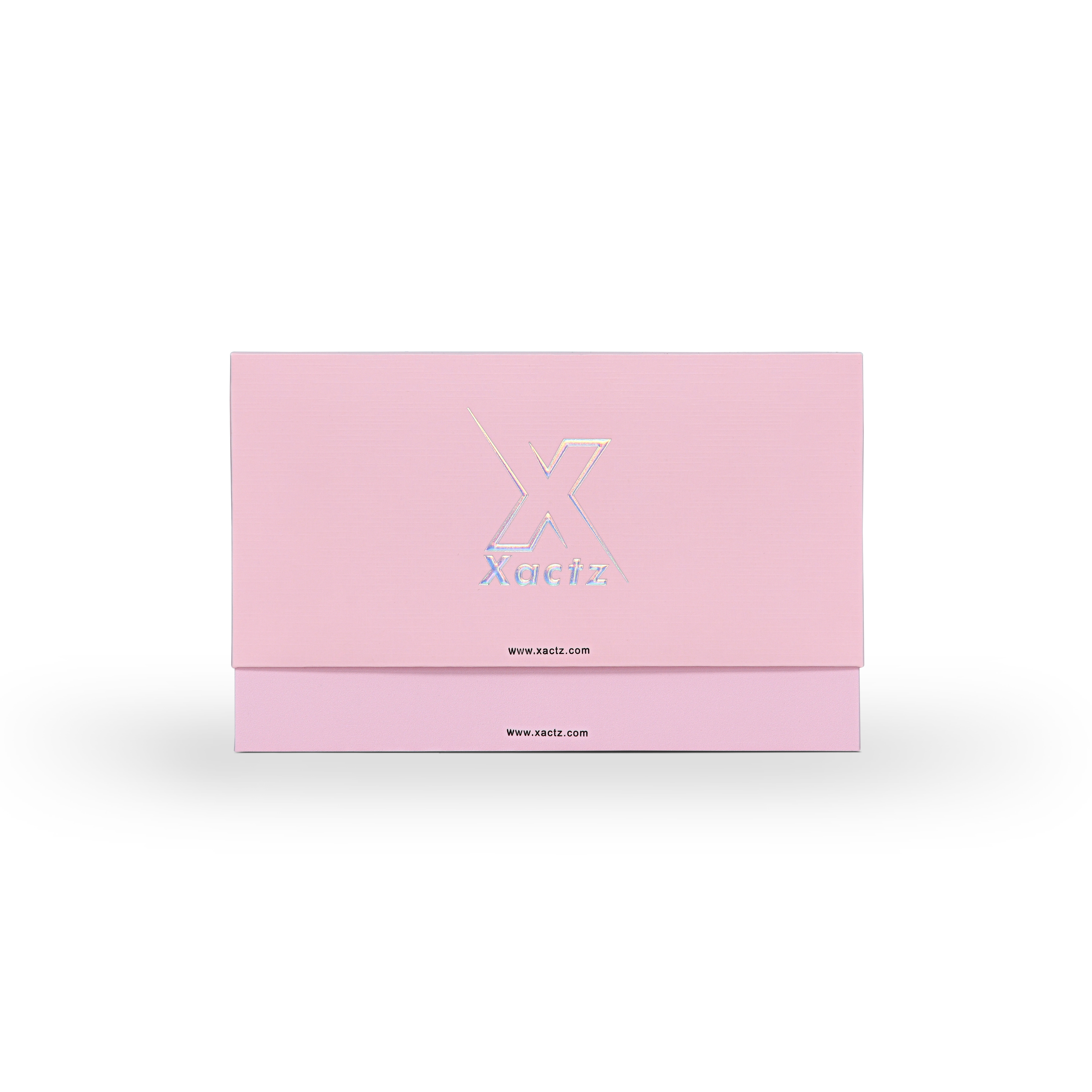 Emballage de luxe sur mesure avec boîte clapet rose et film argenté holographique