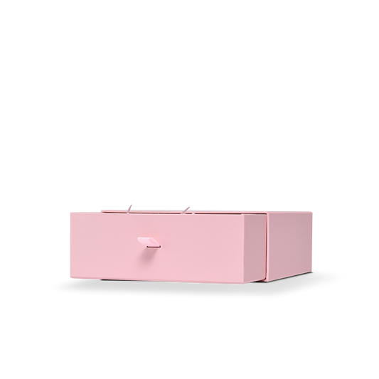 Luxuriöse maßgeschneiderte rosa Schubladengeschenkbox mit schwarzer Folie und abgestimmtem Innenfutter