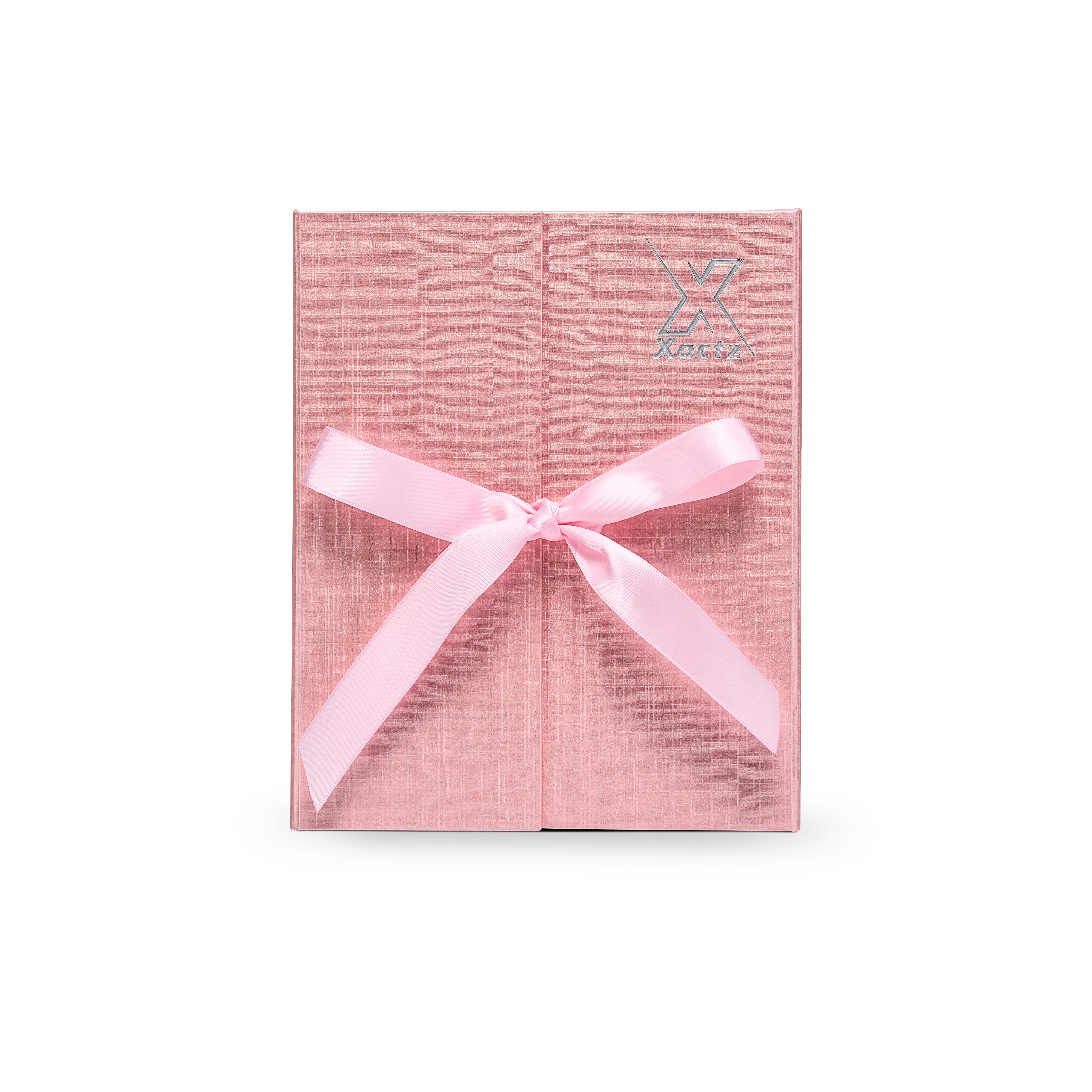 Boîte clapet rose de luxe personnalisée, gaufrée, avec ruban en aluminium argenté
