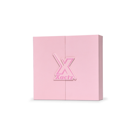 Coffret cadeau de luxe rose haut de gamme avec couvercle à charnière, estampé à l'or rose et intérieur à trois compartiments