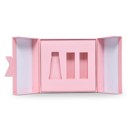 Coffret cadeau de luxe rose haut de gamme avec couvercle à charnière, estampé à l'or rose et intérieur à trois compartiments