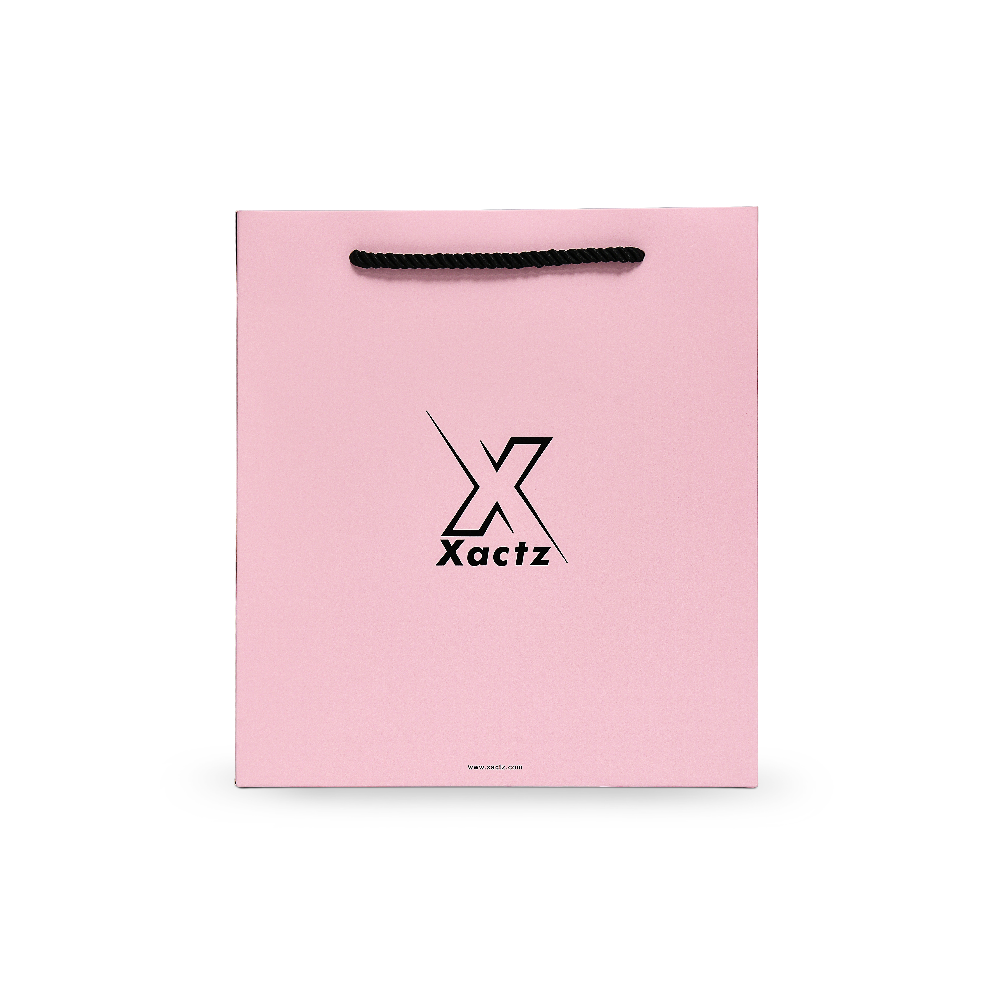 Sac de luxe personnalisé rose avec poignées torsadées en corde et marquage à chaud noir