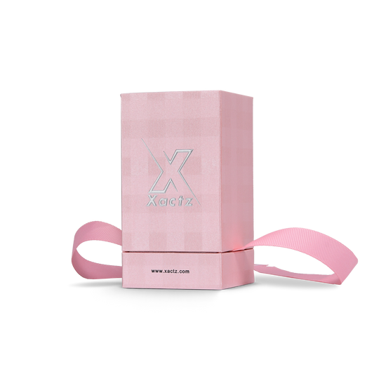 Premium Pink Textured Matte Silver Embossed Hot Stamped Tall Rigid Gift Box with Ribbon Closure