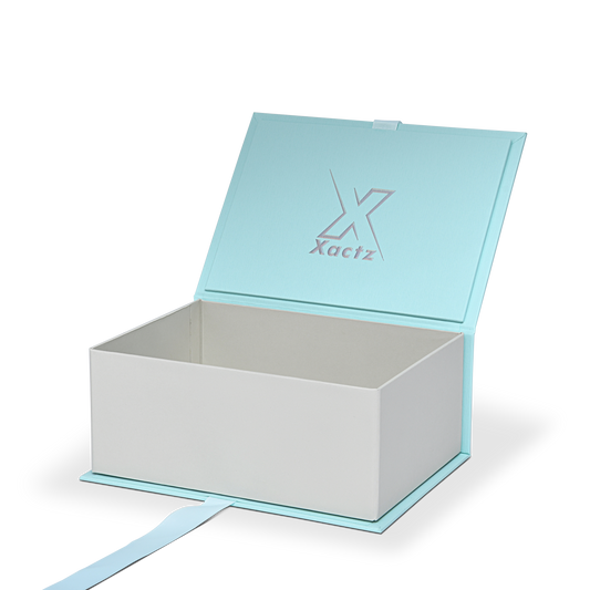 Luxuriöse maßgeschneiderte blaue faltbare Buchbox mit Satinband und silberner Folienverpackung