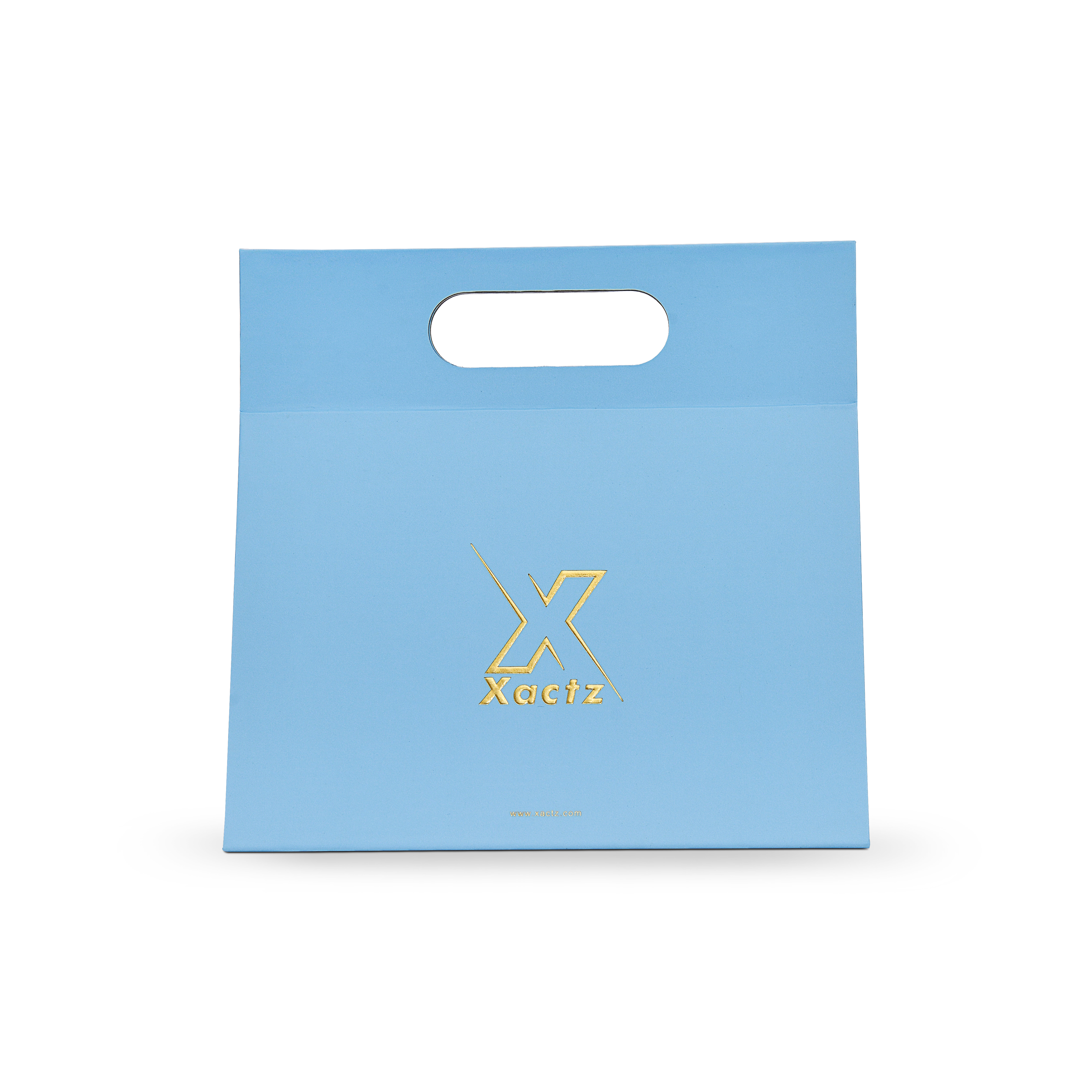 Sac de shopping de luxe personnalisé bleu avec poignées découpées et film or pour emballage