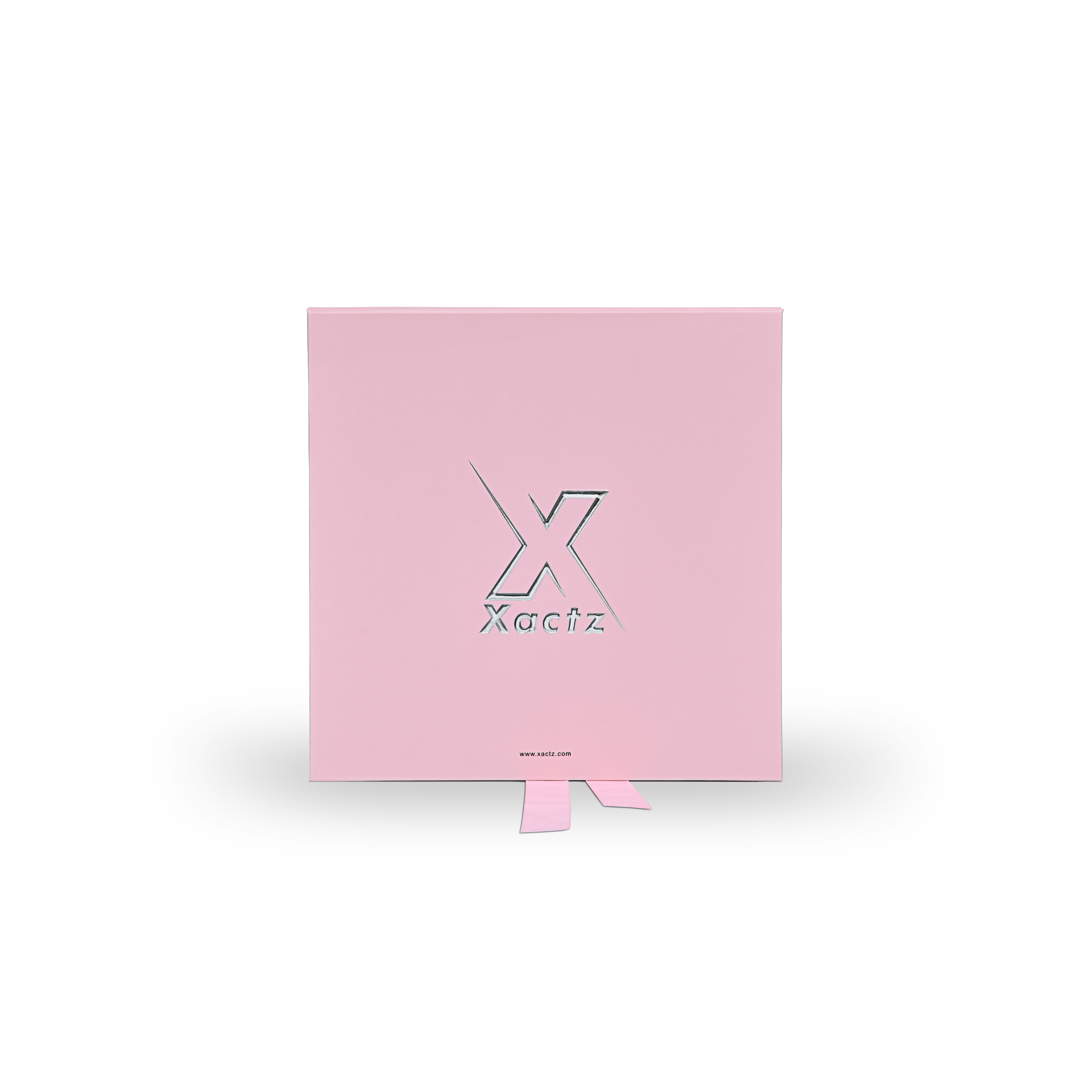 Boîte en carton de luxe rose personnalisée pliable avec ruban et détails en feuille d'argent