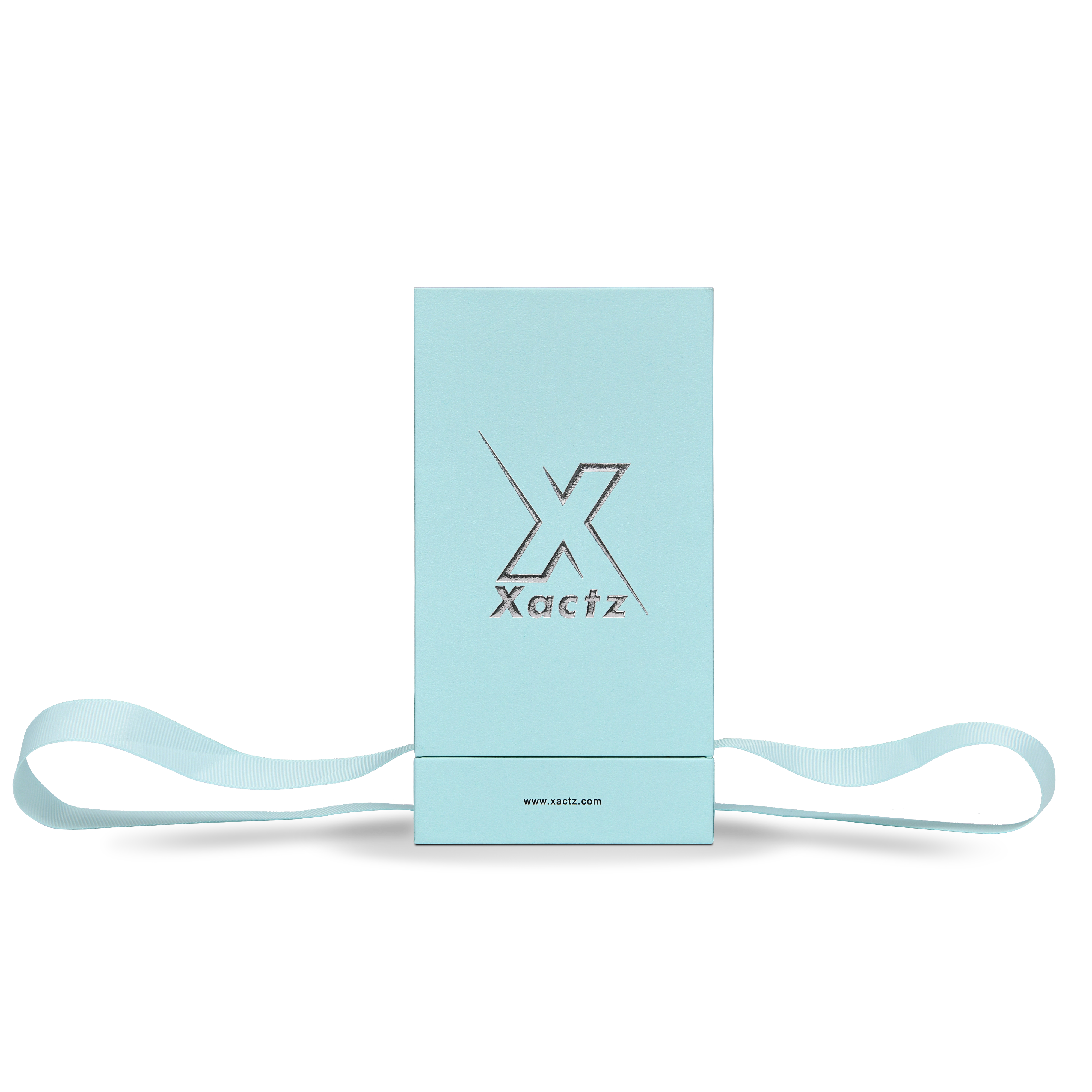 Boîtes de luxe sur mesure bleu ciel avec couvercle et base gaufrés argent brillant, extra hauts, fermeture à ruban