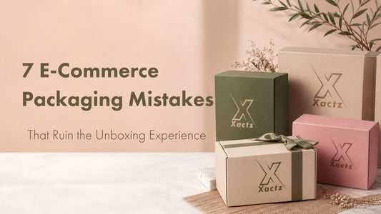 E-commerce packaging mistakes blog cover featuring customized olive green, blush pink, and beige gift boxes with ribbons by Xactz.