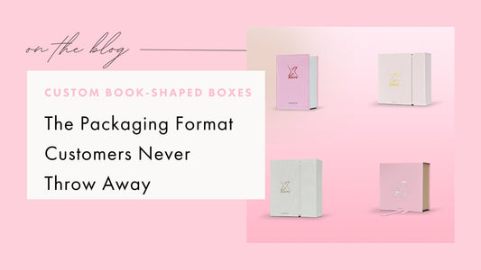 Xactz blog banner custom book-shaped box pink white linen texture gold silver foil logo multi-format view custom book-shaped box manufacturer